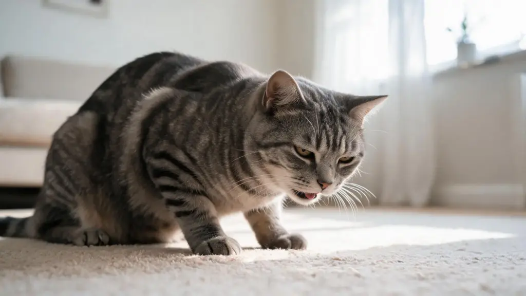 cat crouching on floor with mouth open showing possible feline asthma symptoms