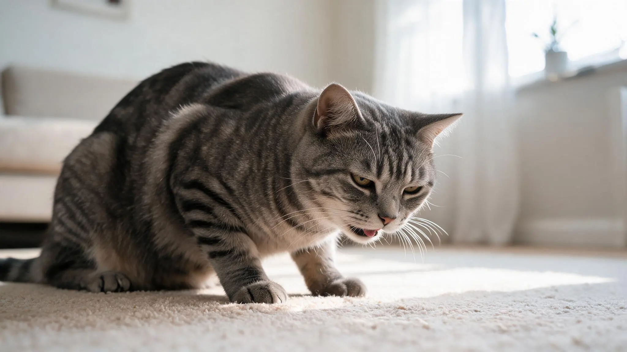cat crouching on floor with mouth open showing possible feline asthma symptoms