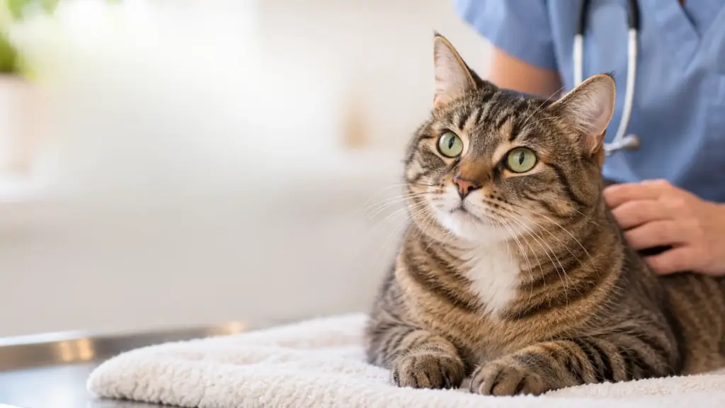 tabby cat resting on a veterinary exam table while a veterinarian gently examines its back