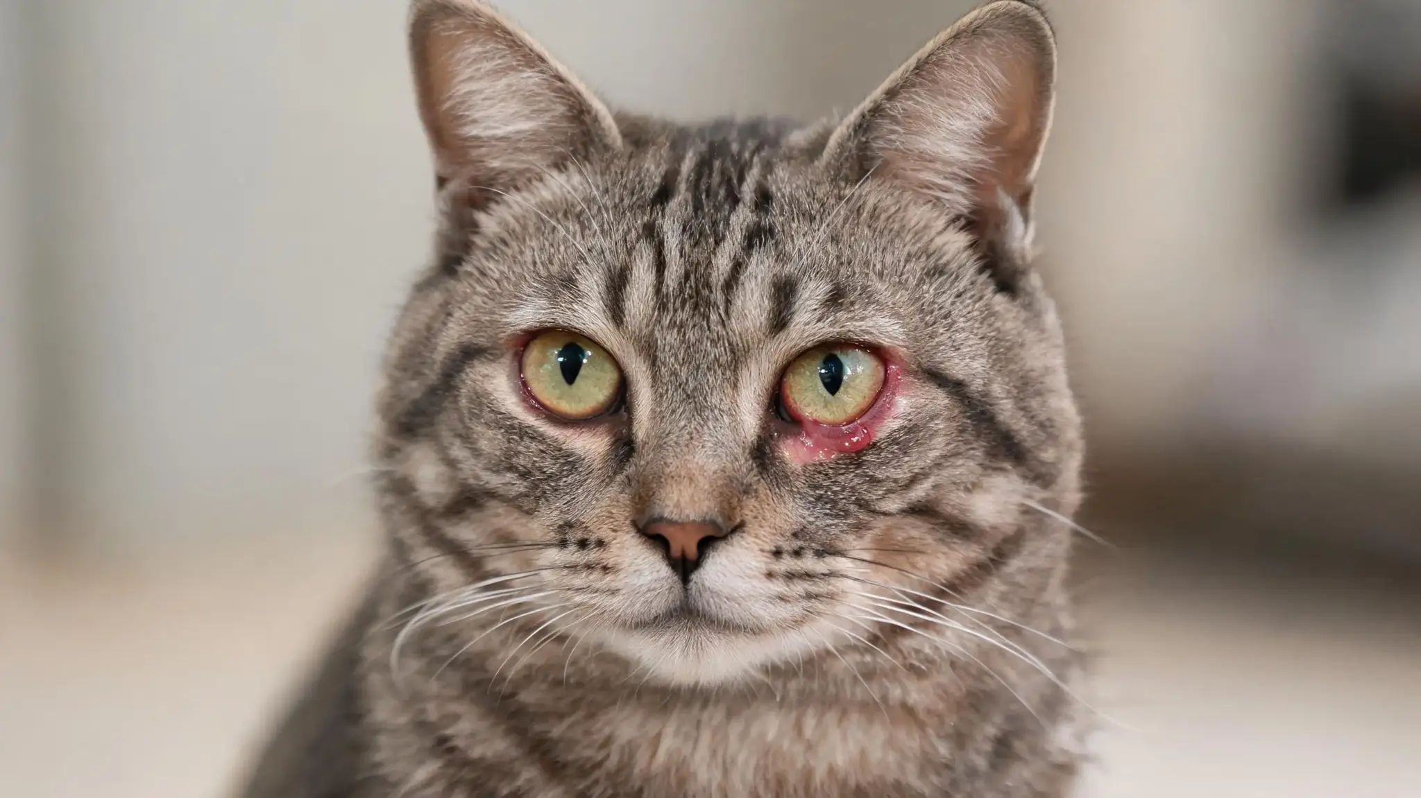 cat with red swollen eye and watery discharge showing signs of cat eye infection symptoms