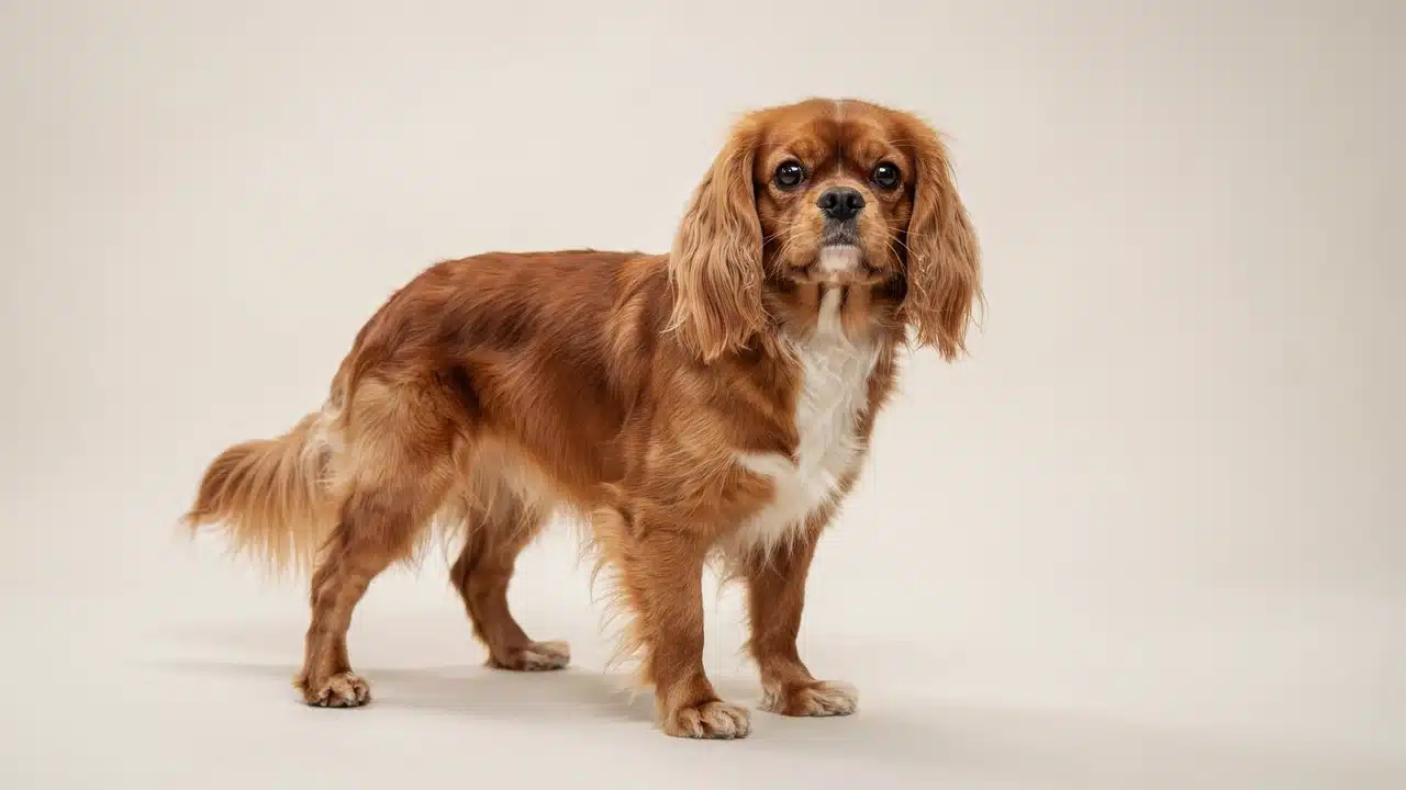 adult cavalier king charles spaniel with a chestnut and white silky coat long ears and feathered tail outdoors