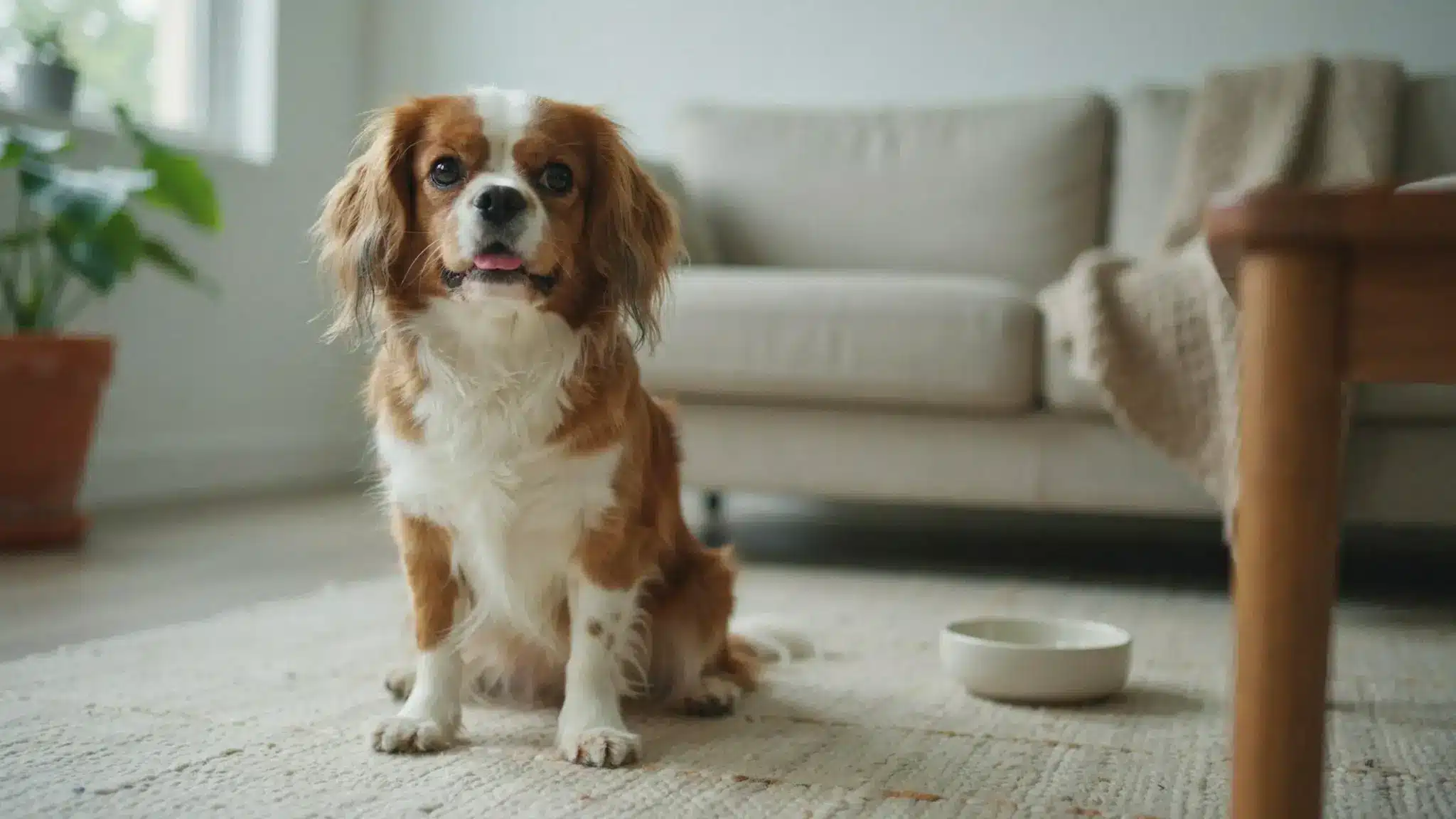 Cavalier King Charles Spaniel with large soulful eyes and silky ears sitting on a living room rug