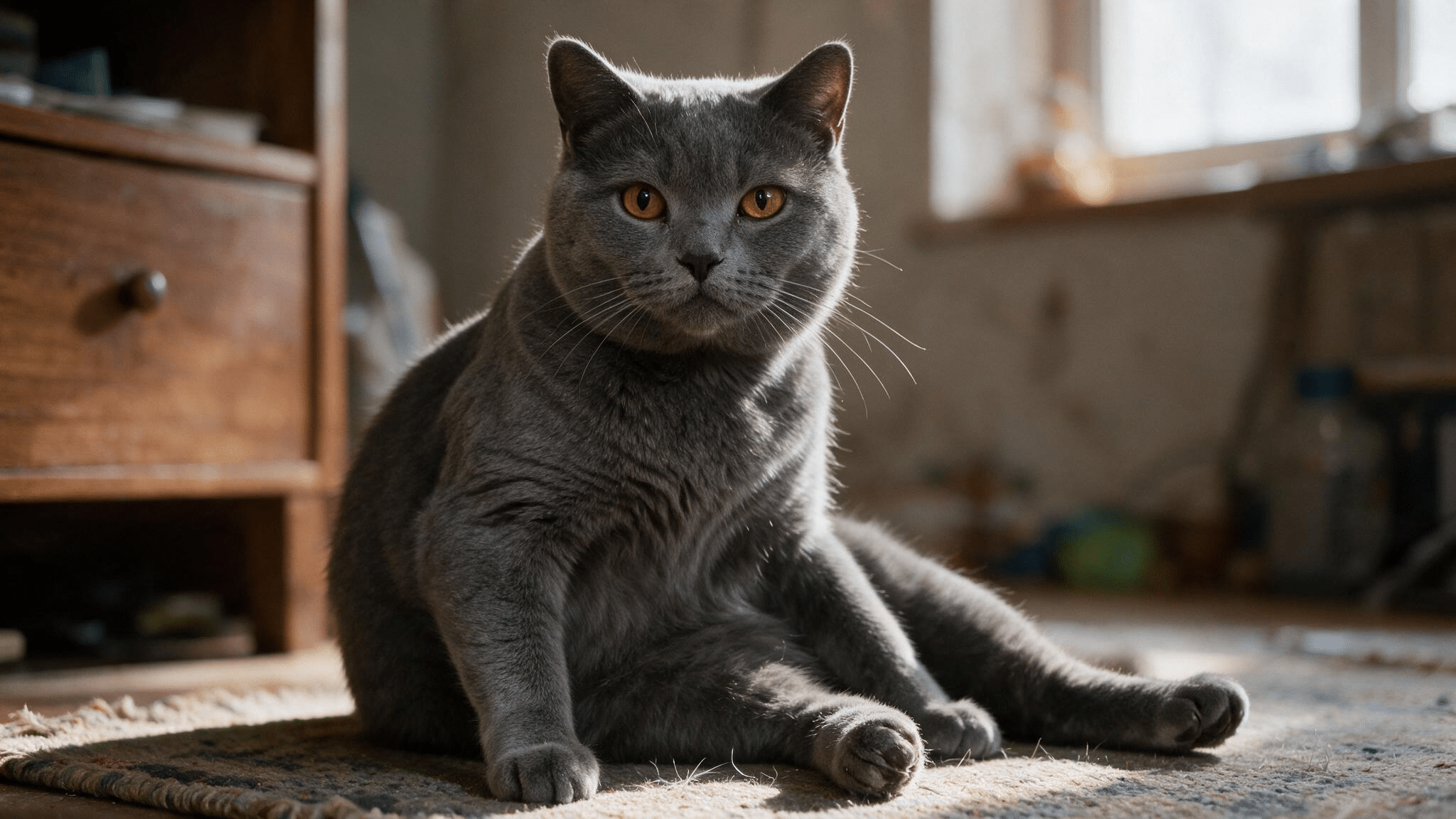 chartreux cat with copper eyes and a thick blue grey coat sitting casually on a woven rug in soft natural window light