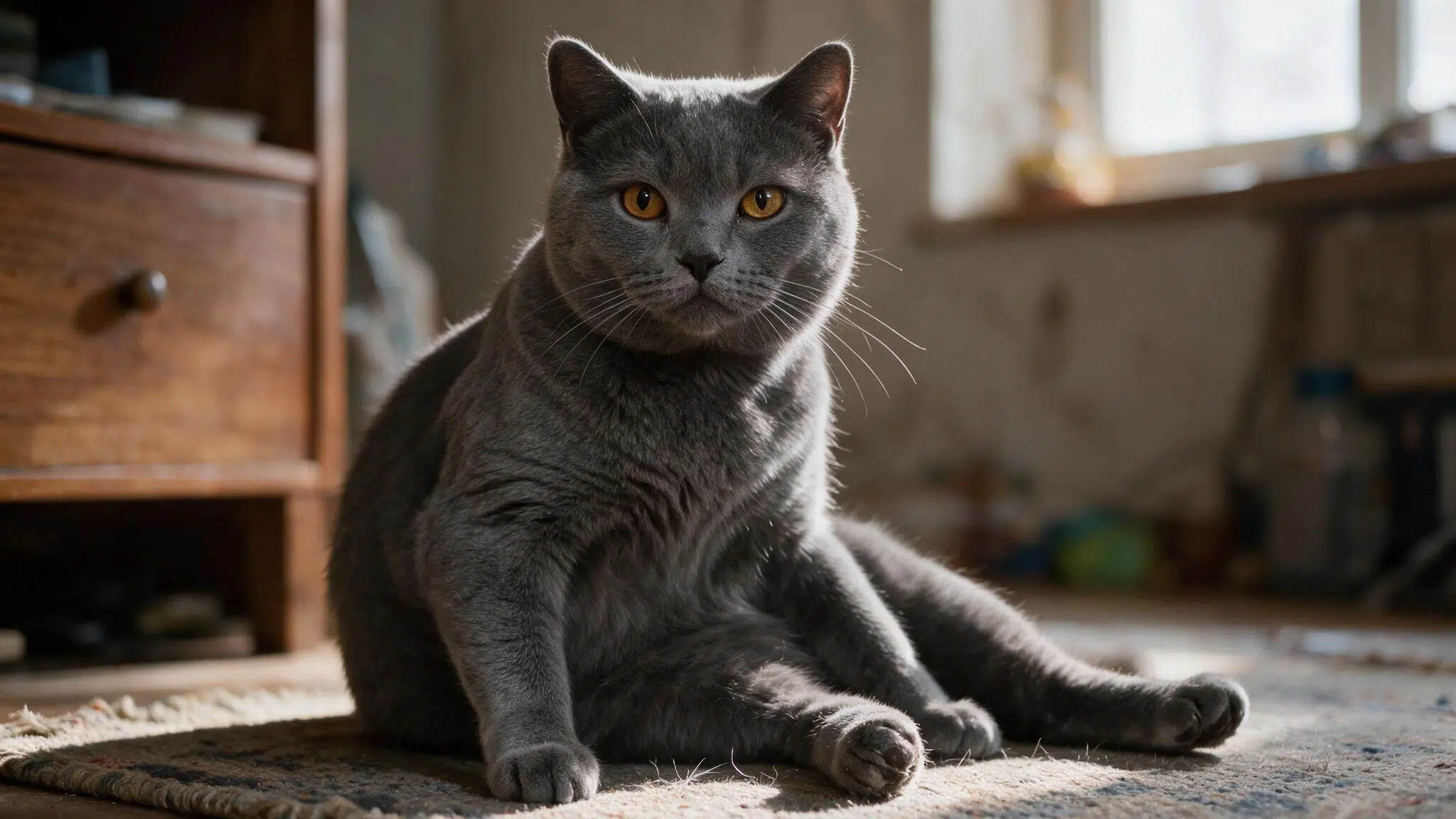 chartreux cat with copper eyes and a thick blue grey coat sitting casually on a woven rug in soft natural window light