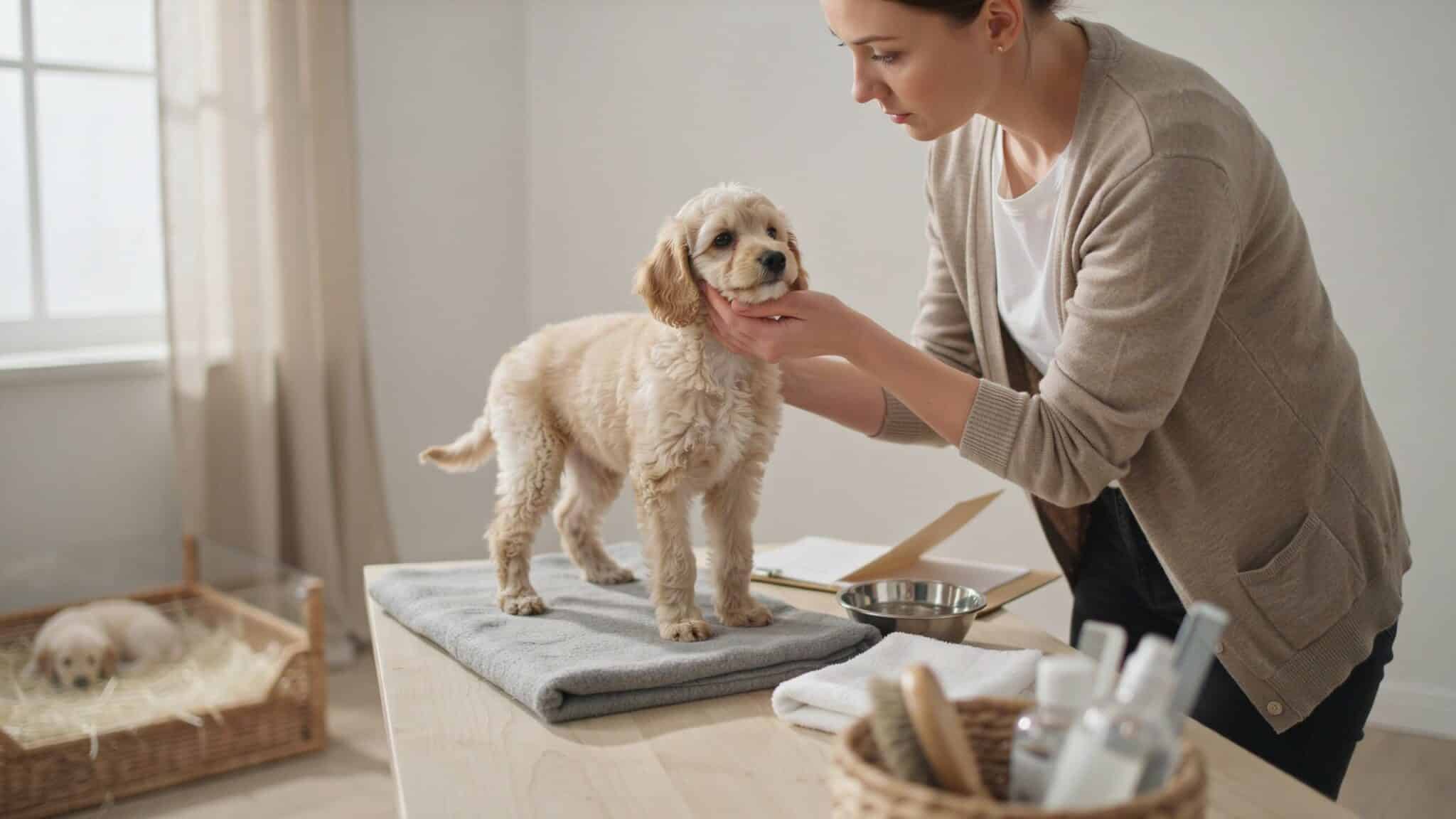 toy poodle puppy being gently examined in a clean responsible breeding environment