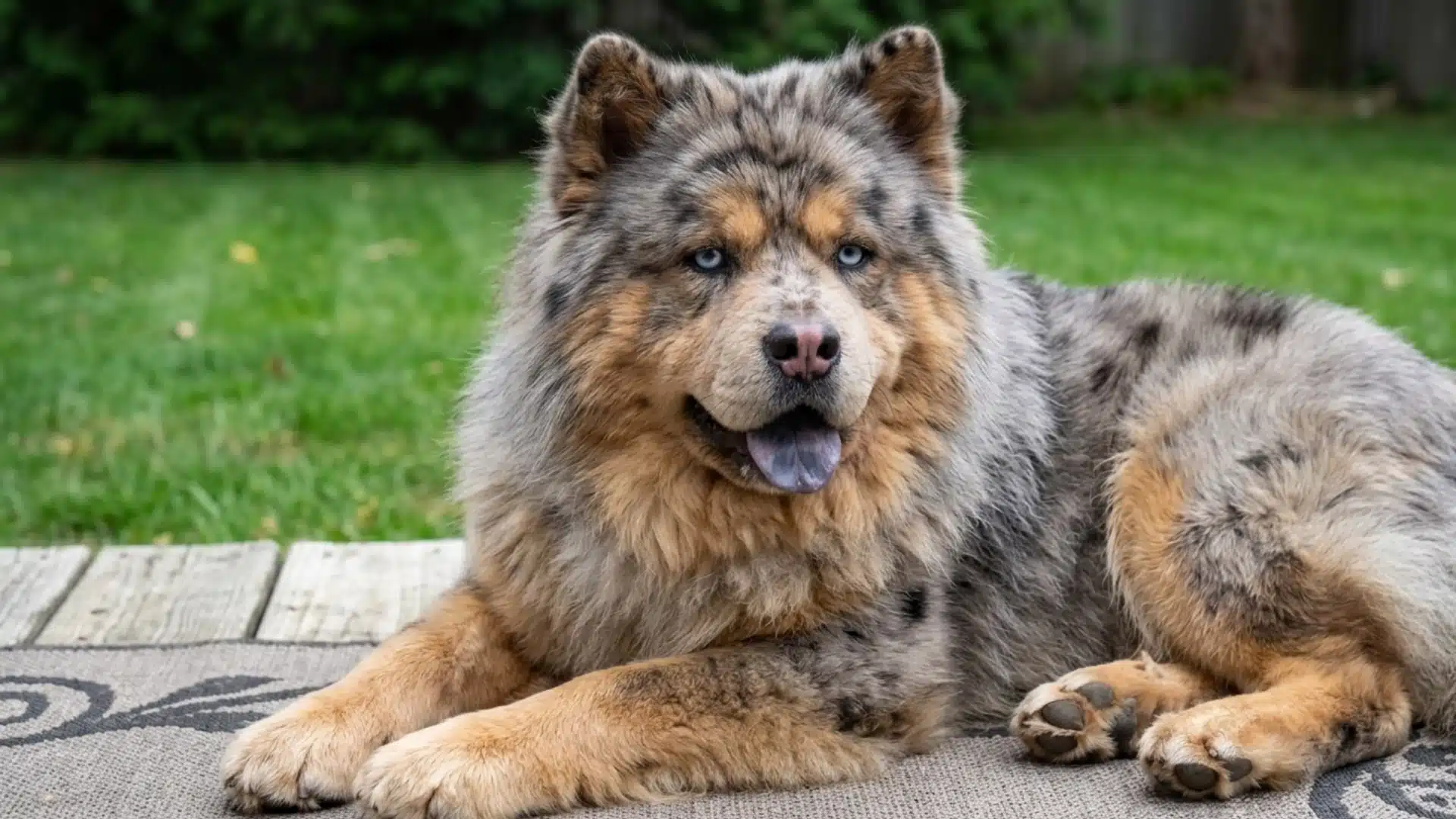 chow aussie mix resting outdoors with a fluffy merle coat, blue eyes, and upright ears
