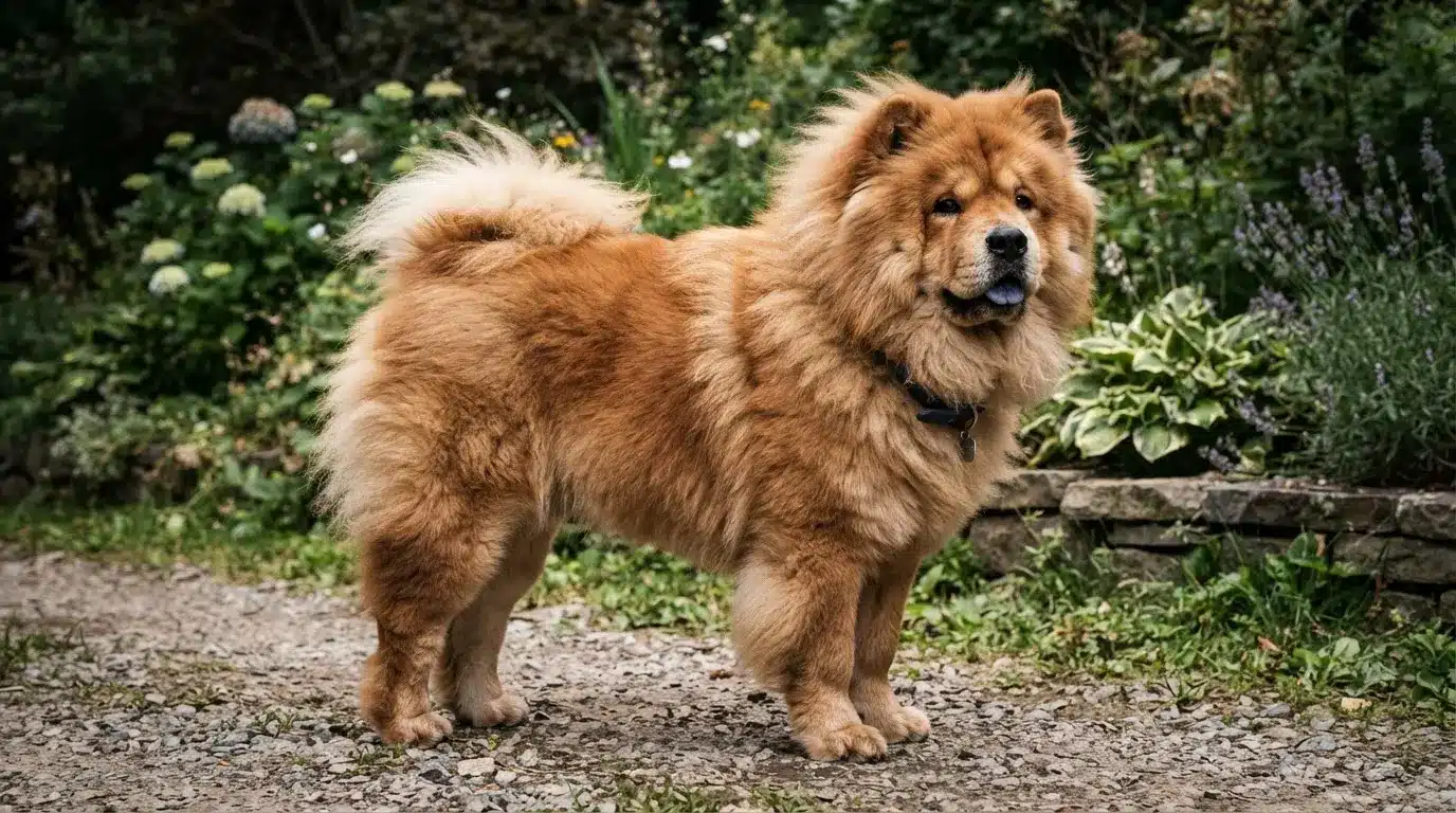 Chow Chow with a thick, lion-like mane standing on a gravel path near flowering garden plants