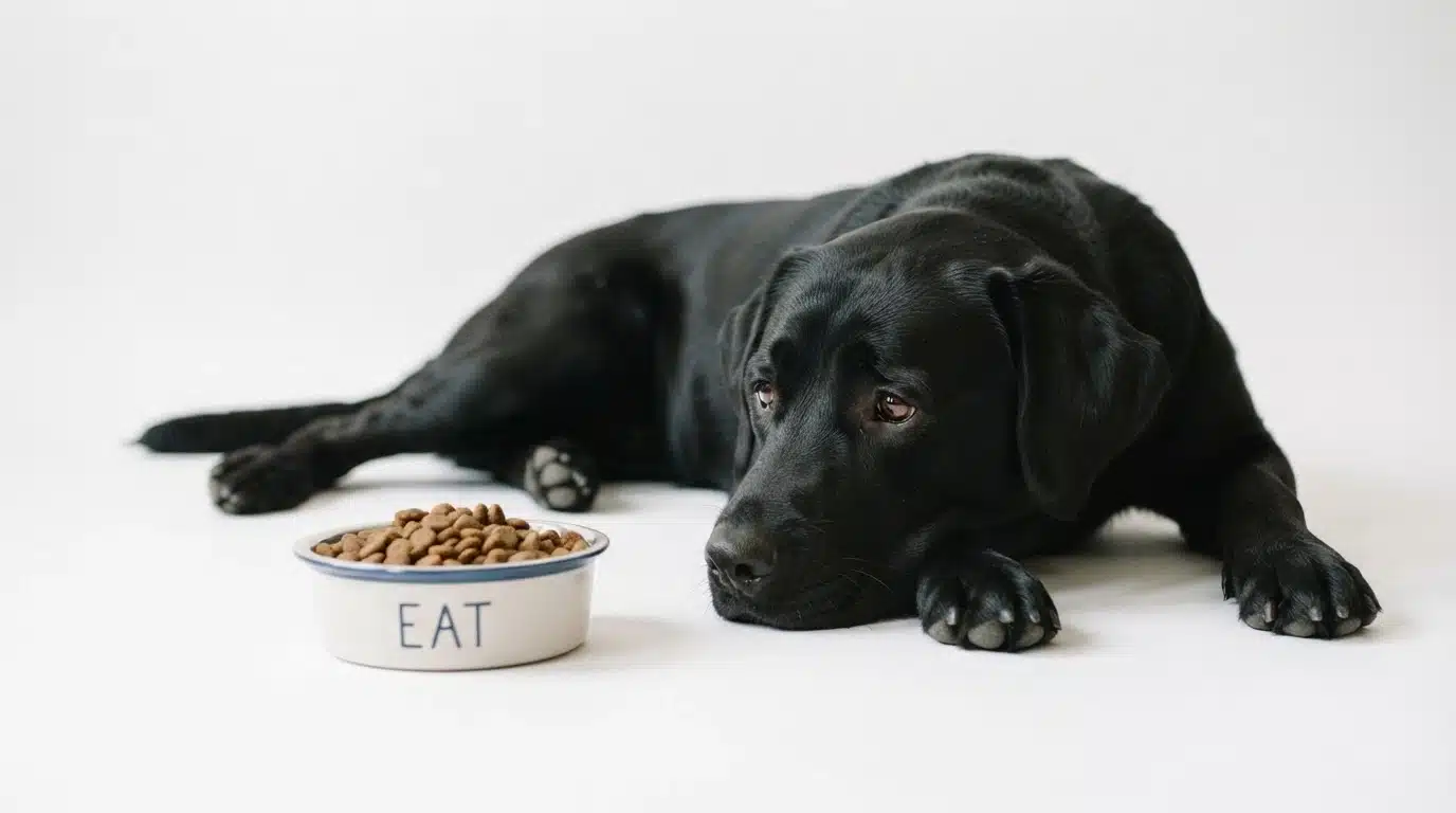 black labrador lying beside a food bowl while showing signs of chronic digestive discomfort and appetite changes