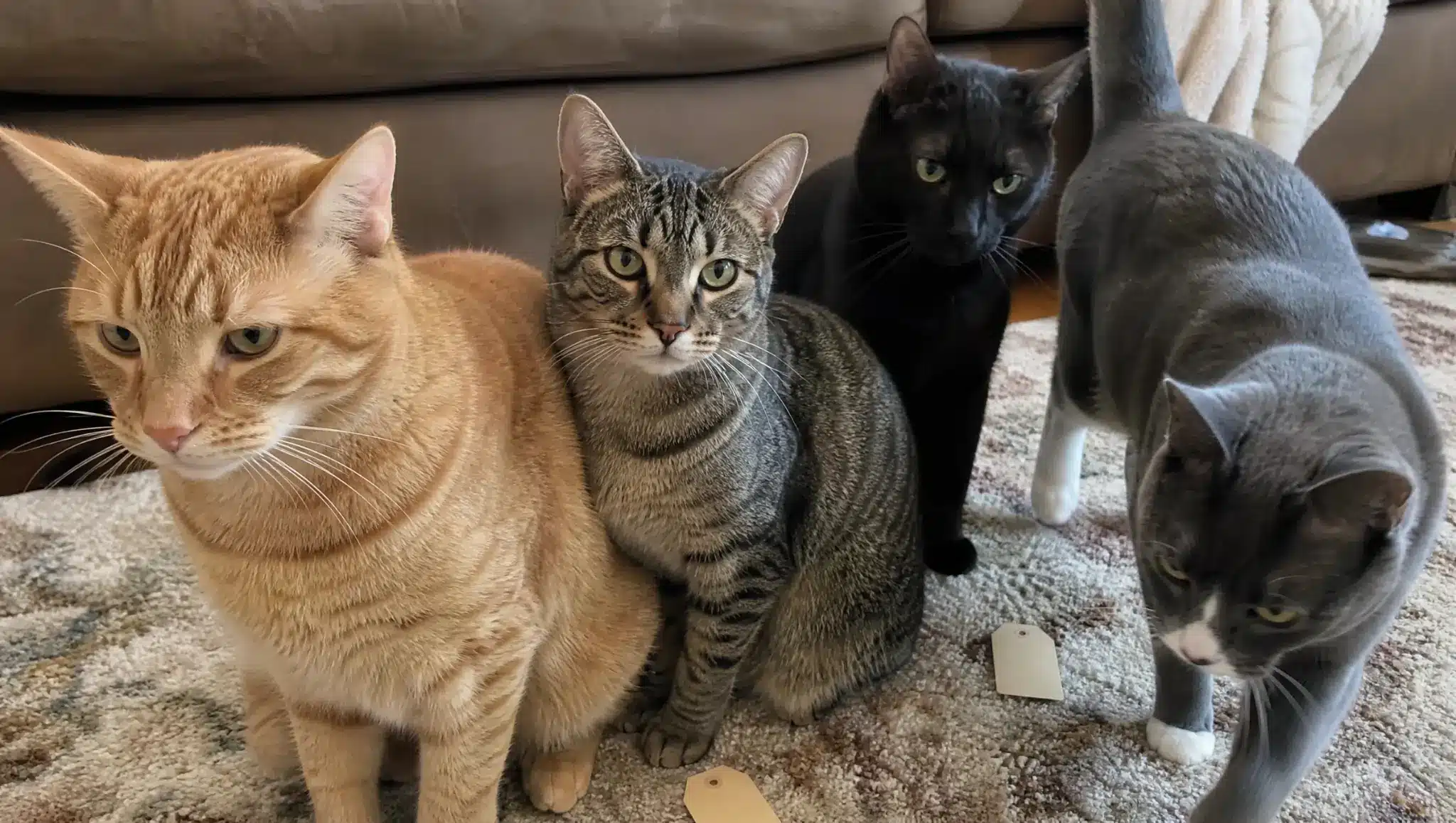 male cats with different coat colors beside blank tags for color-based boy cat names