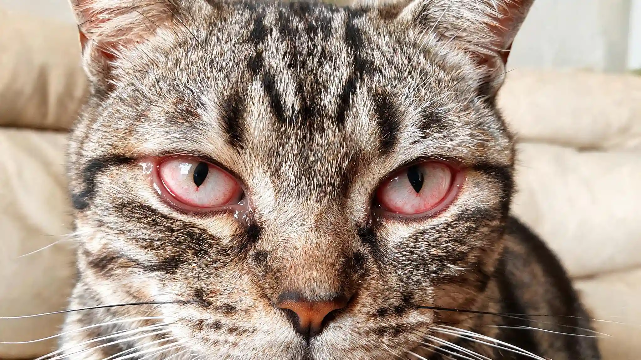 cat with red irritated eyes outdoors showing possible eye irritation from scratches or foreign objects