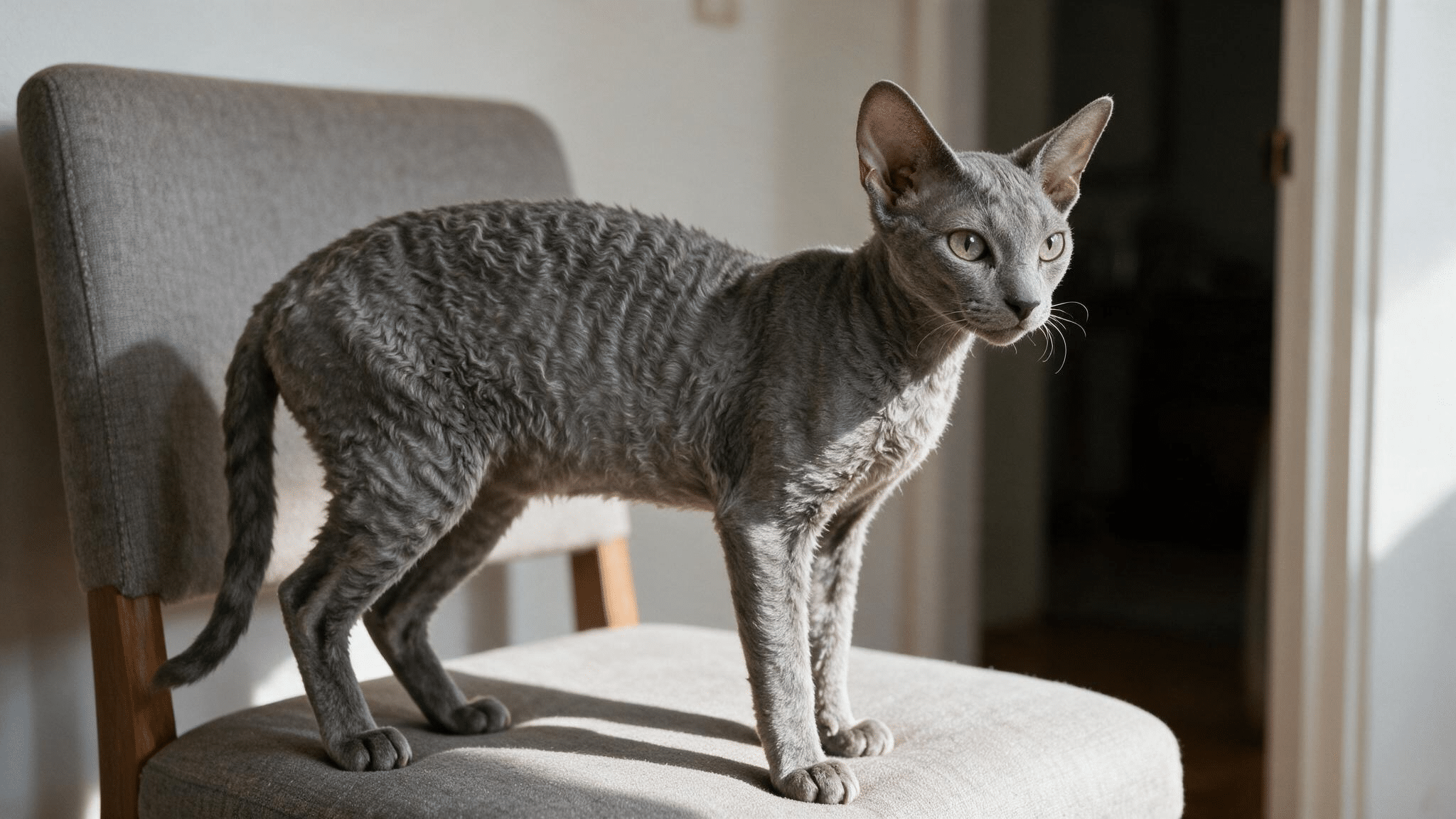 grey cornish rex with oversized ears and a close wavy coat standing on an upholstered chair in soft natural home light