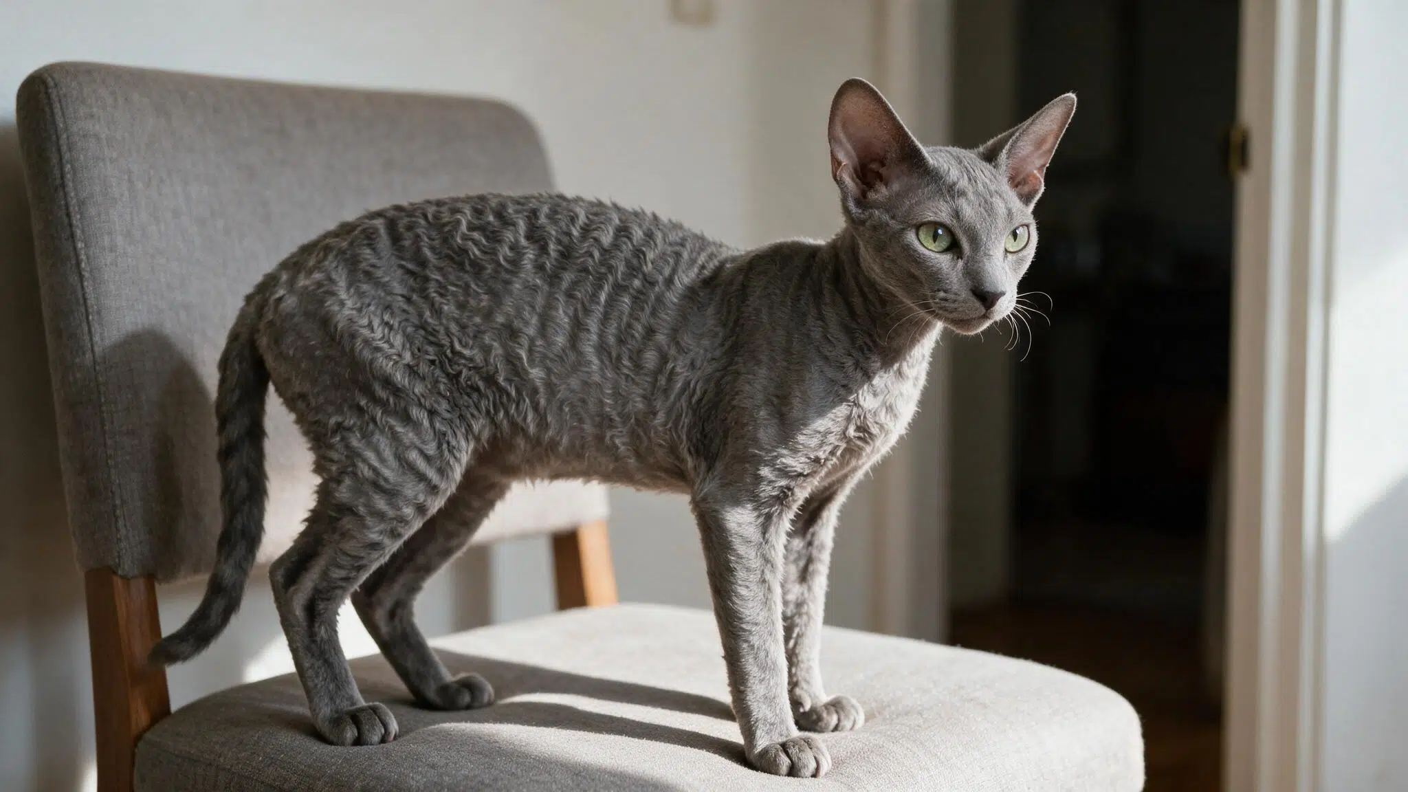 grey cornish rex with oversized ears and a close wavy coat standing on an upholstered chair in soft natural home light