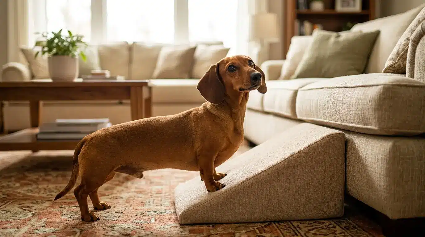 A red Dachshund steps onto a pet ramp beside a couch, using it to safely reach the cushions in a cozy living room.