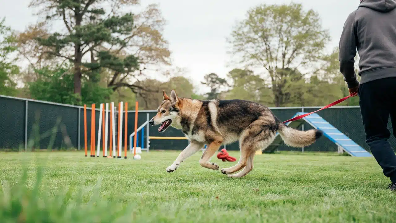german shepherd husky mix dog exercising and training outdoors in a fenced yard with agility equipment