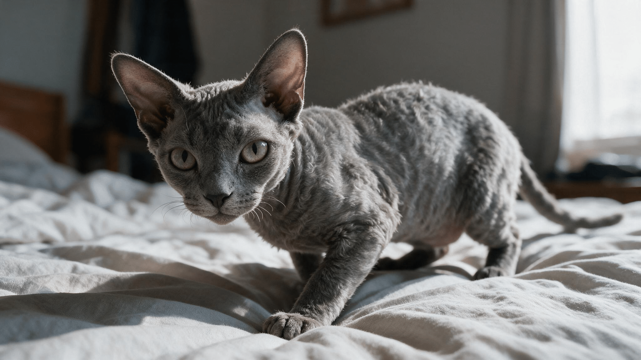 grey blue devon rex with oversized ears and a short wavy coat resting on a wrinkled cotton blanket in soft indoor light