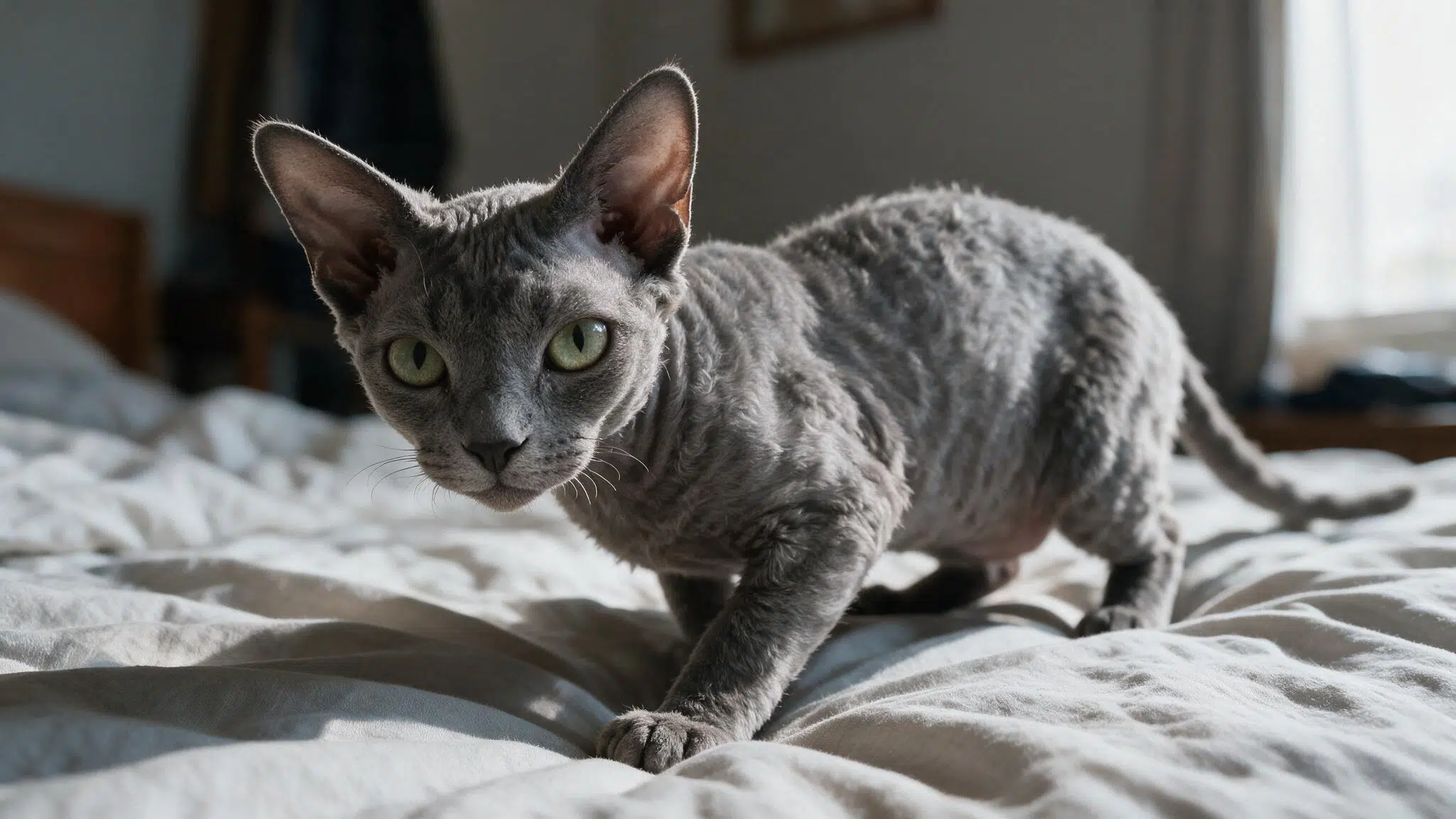 grey blue devon rex with oversized ears and a short wavy coat resting on a wrinkled cotton blanket in soft indoor light