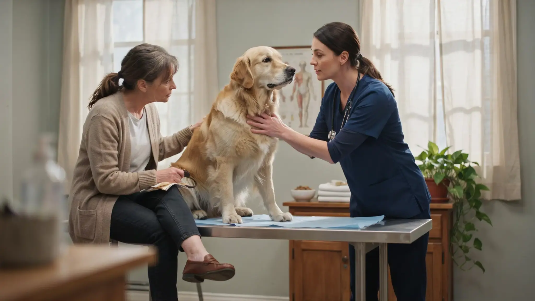 A veterinarian carefully examines a senior golden retriever on an exam table while its worried owner watches closely.