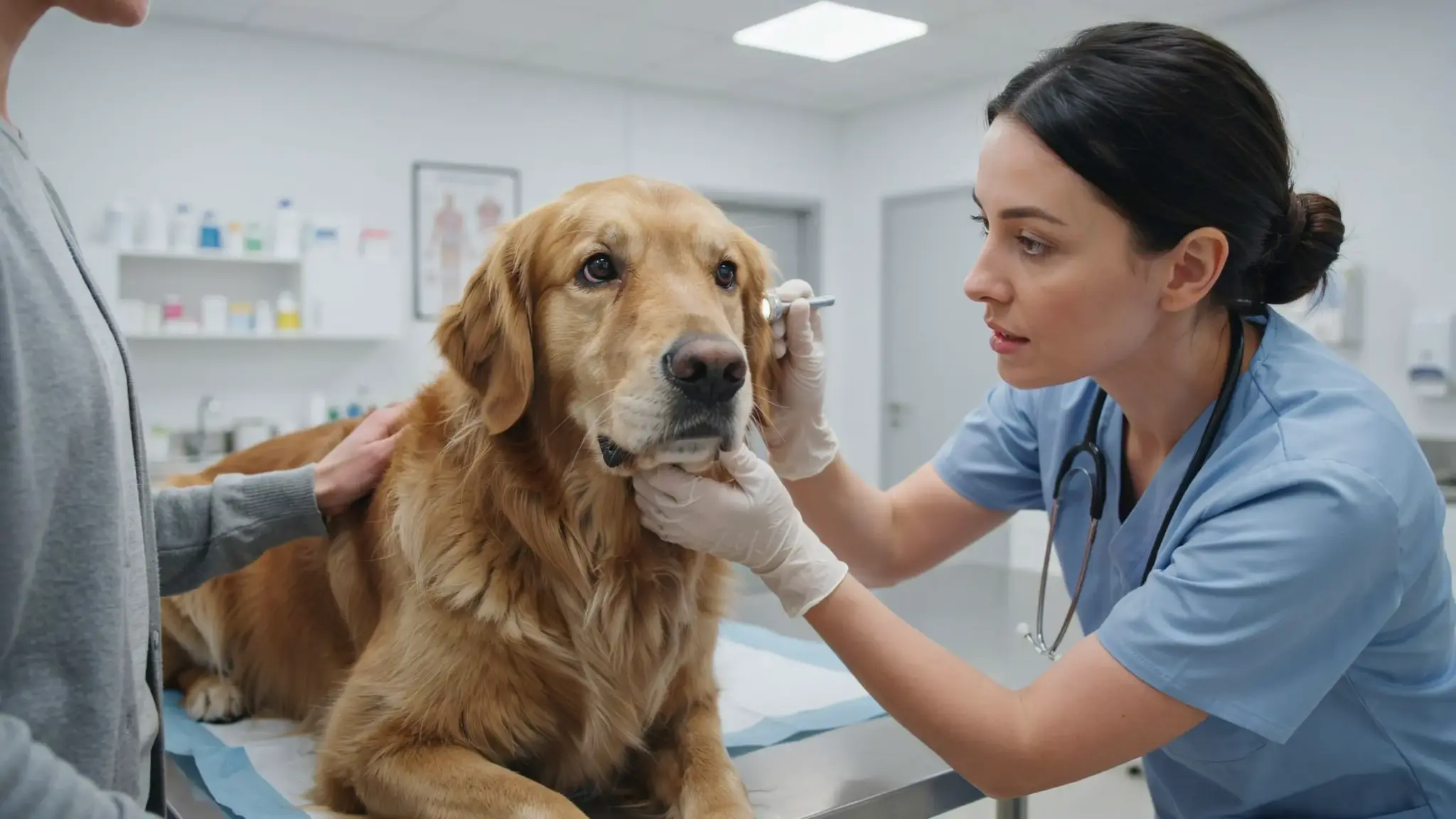 veterinarian examining a golden retriever eye with a handheld tool during a realistic clinic examination