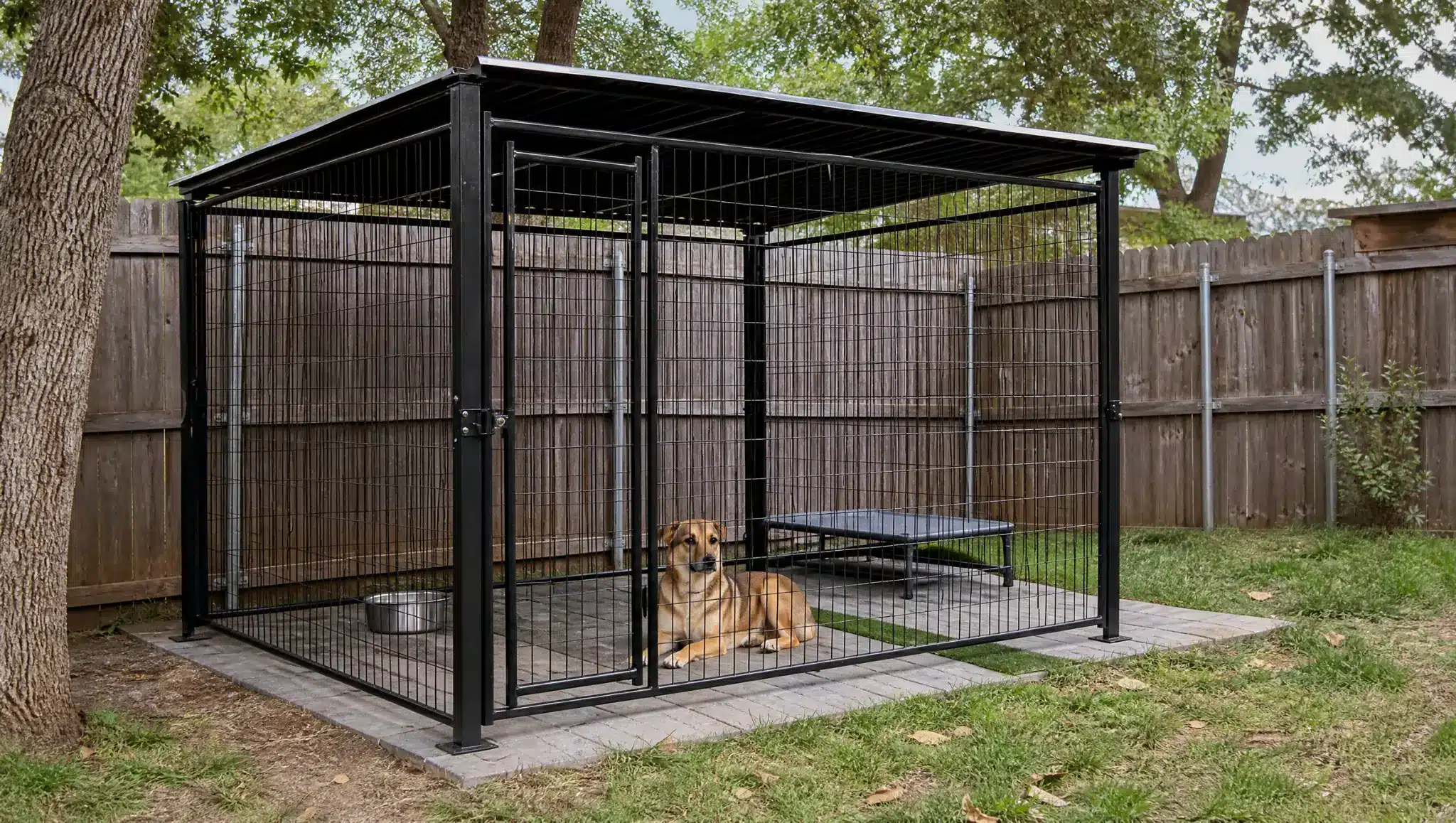 secure covered backyard dog kennel with a raised bed water bowl paver floor and grass strip