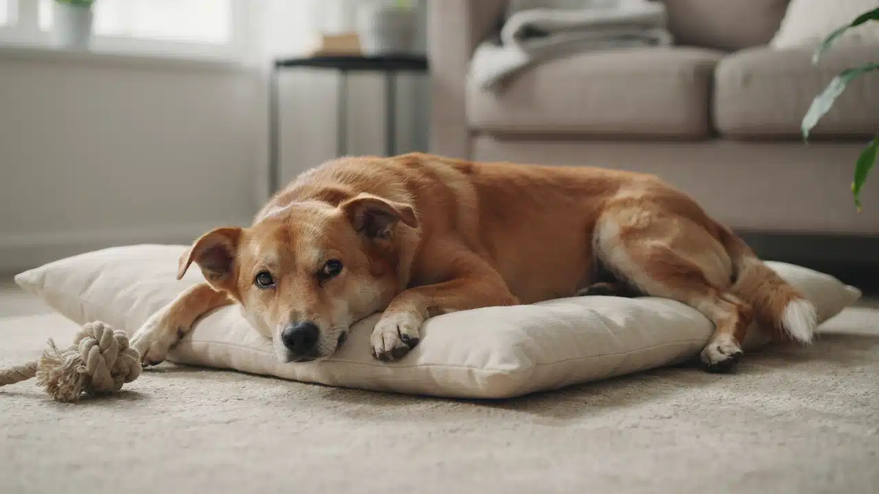 a dog resting post his neutering surgery on a comfy dog bed with a tug toy in-front of him