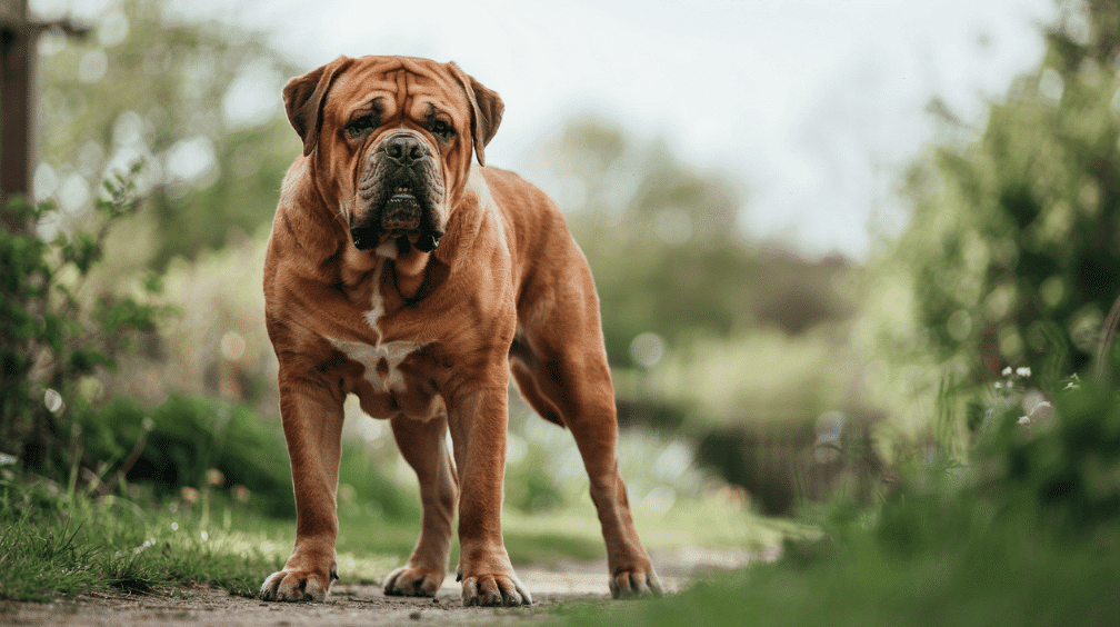 muscular dogue de bordeaux standing outdoors with a broad wrinkled head and fawn coat