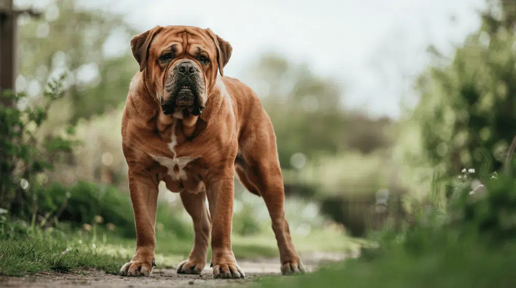 muscular dogue de bordeaux standing outdoors with a broad wrinkled head and fawn coat