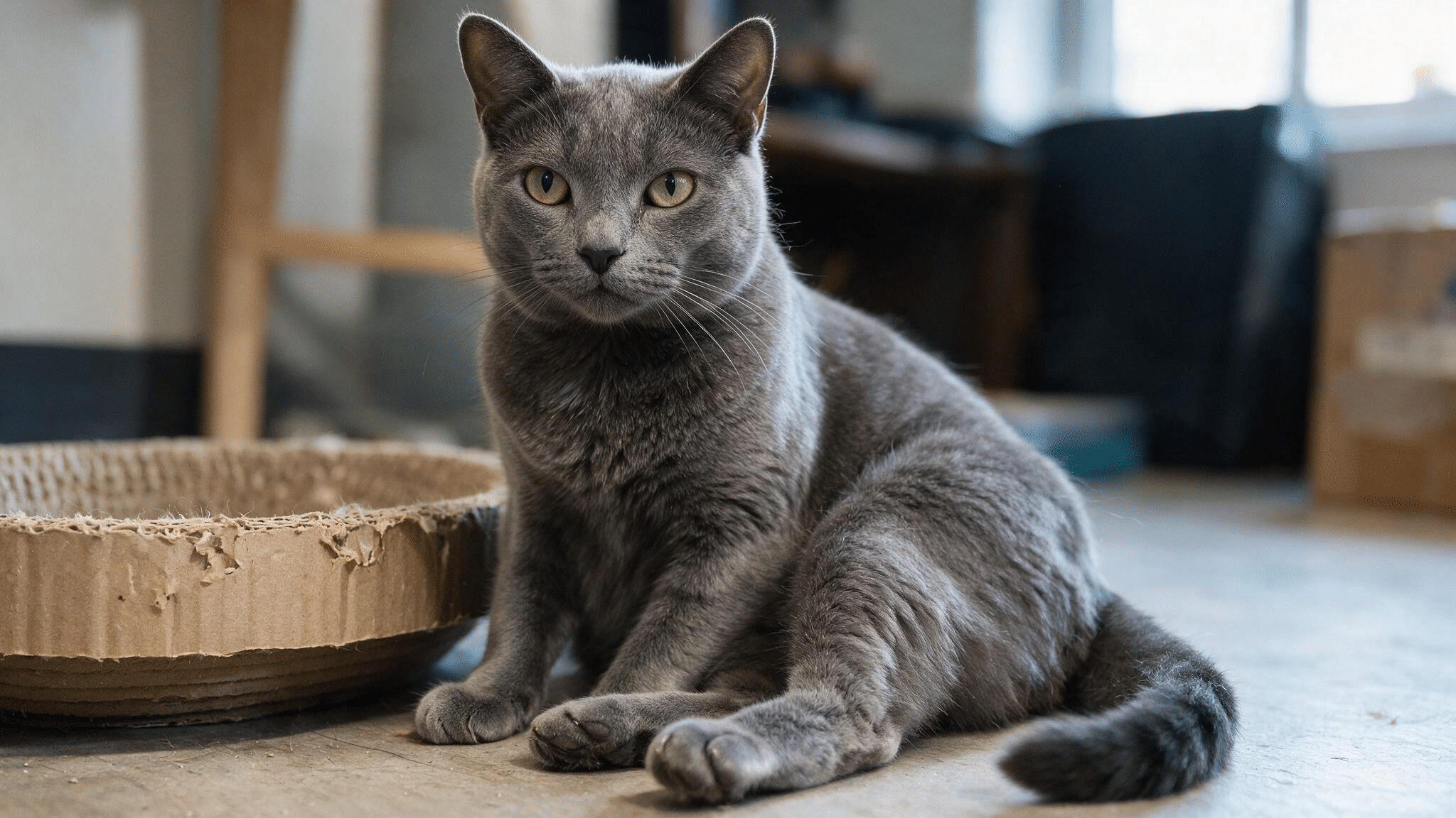 grey domestic shorthair cat with yellow green eyes sitting casually beside a worn cardboard scratcher in a real home