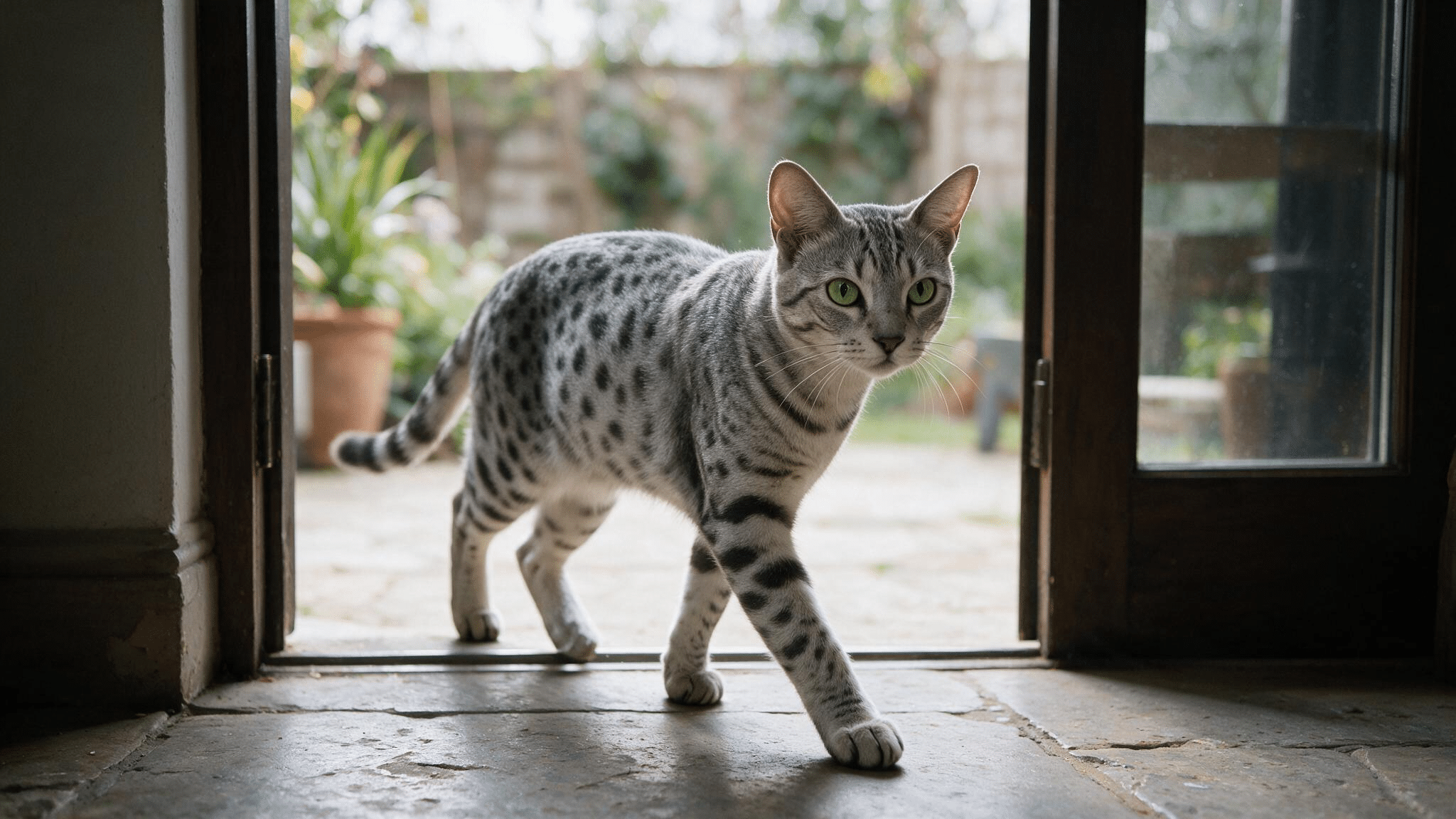 silver egyptian mau with green eyes and natural dark spots pausing on a stone patio beside an open doorway in daylight