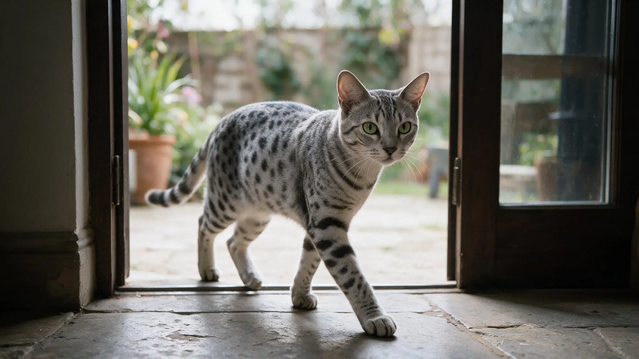 silver egyptian mau with green eyes and natural dark spots pausing on a stone patio beside an open doorway in daylight