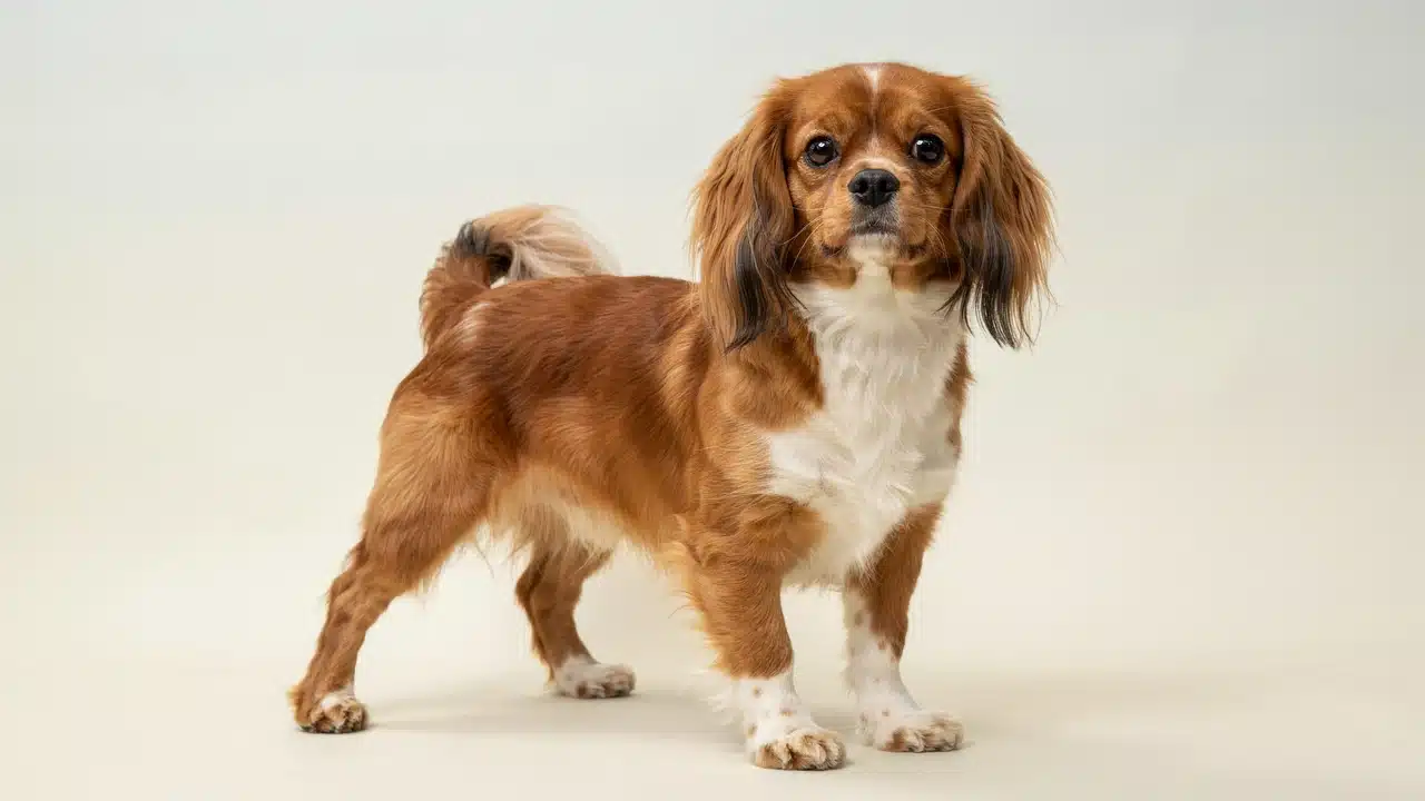 adult english toy spaniel outdoors with a compact body silky chestnut and white coat and long feathered ears