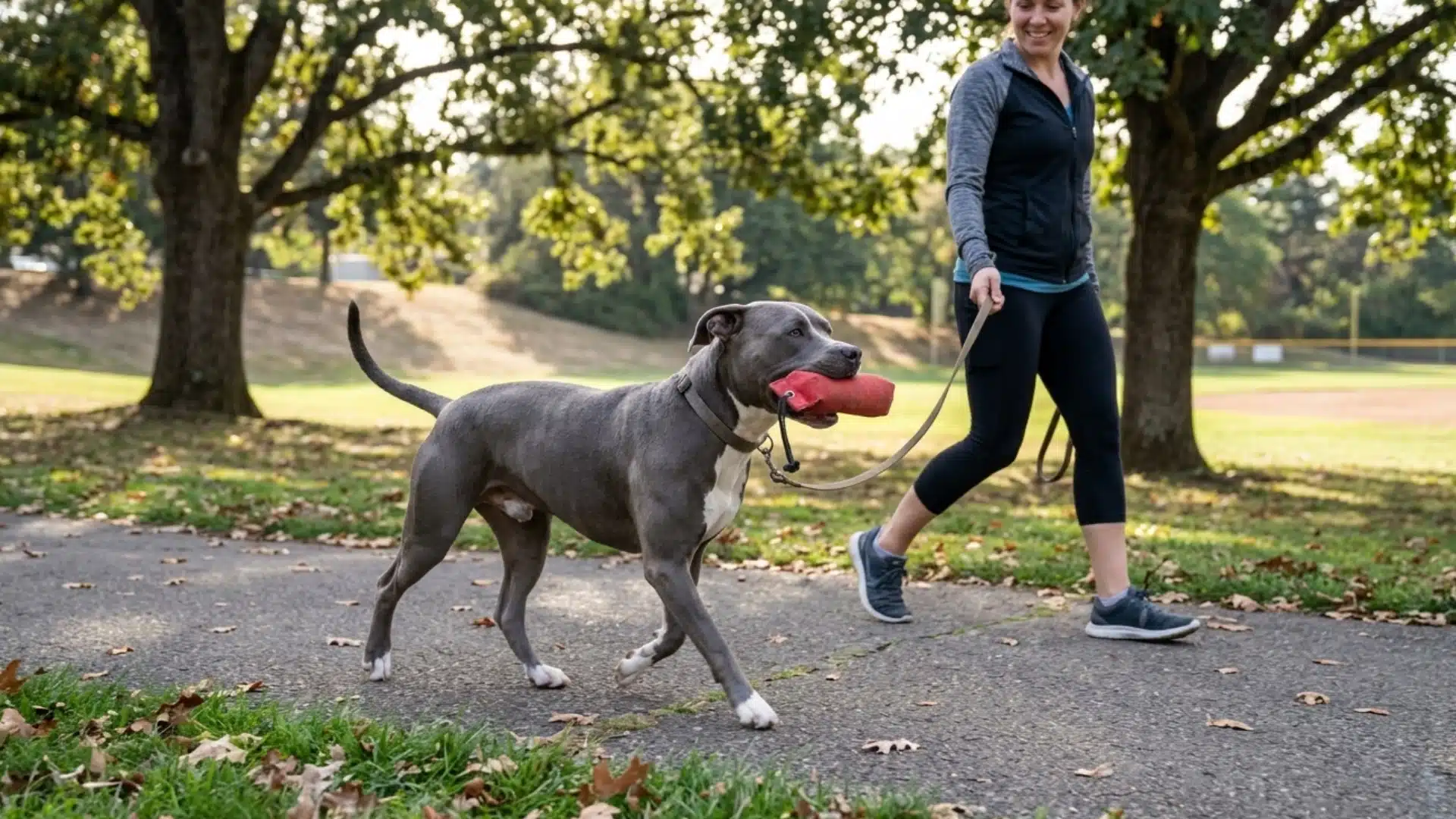 pit bull lab mix walking with its owner in a park while carrying a red rubber toy in its mouth