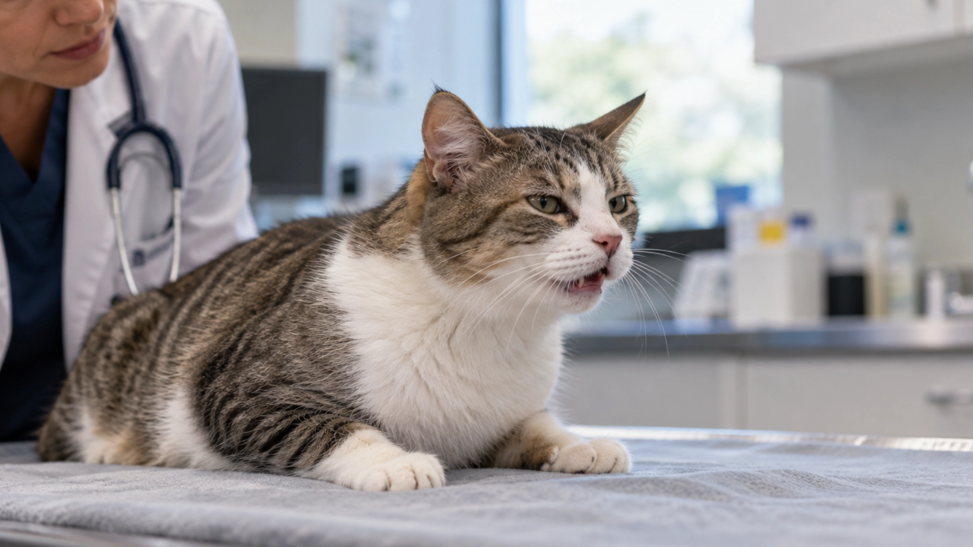tired cat with slightly open mouth showing difficult breathing while a veterinarian observes in a clinic