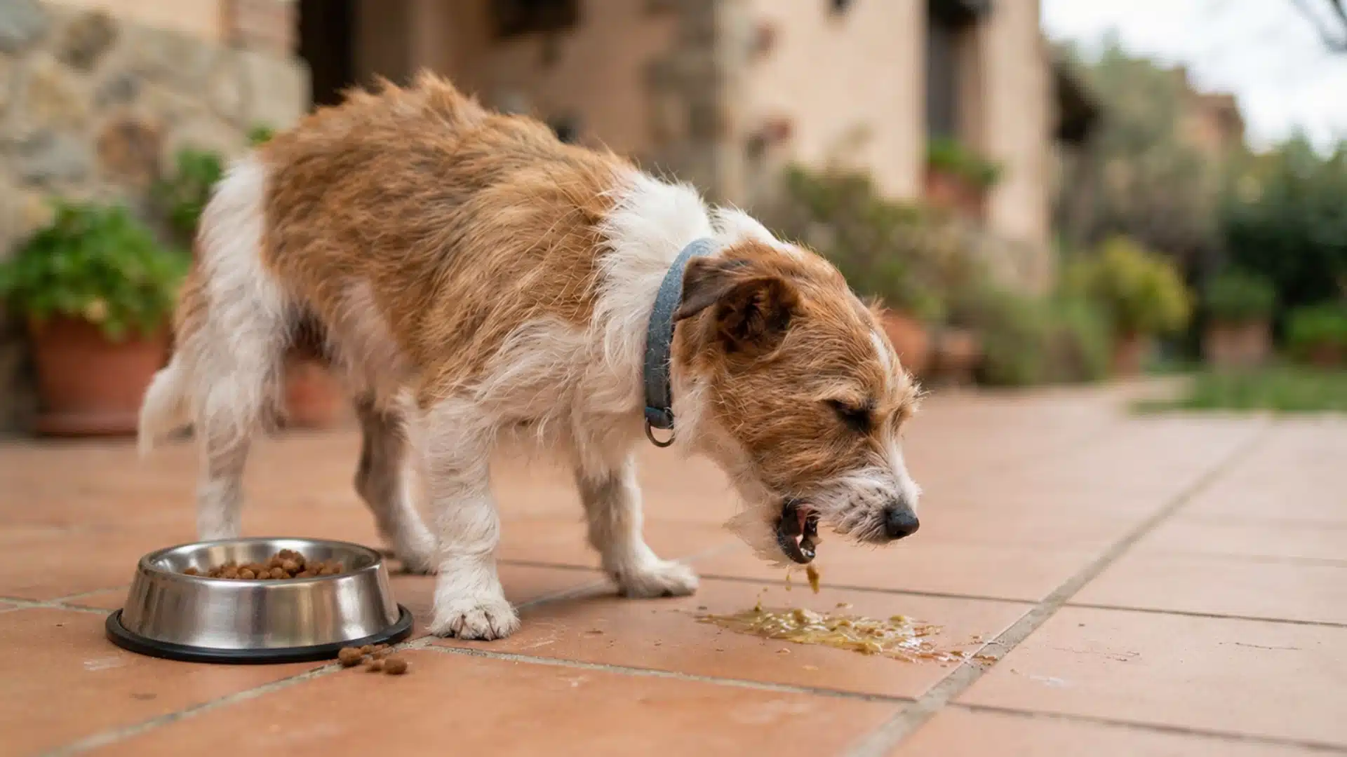 small brown and white dog vomiting near a half empty food bowl on a patio showing possible food intolerance issues