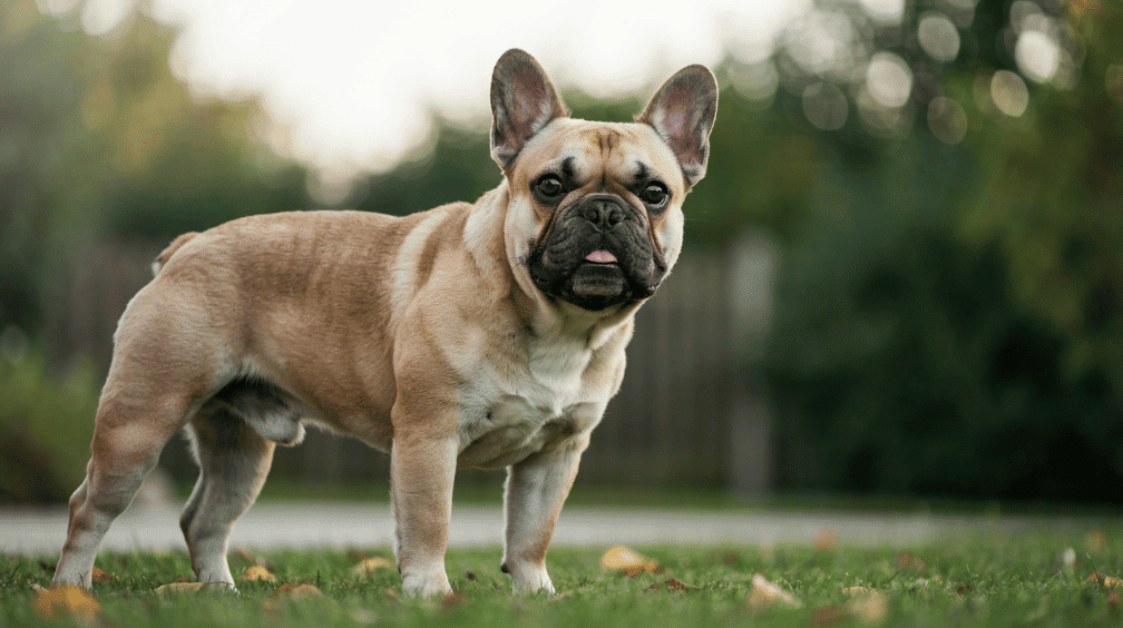 fawn french bulldog standing on grass with upright bat ears and a compact muscular body