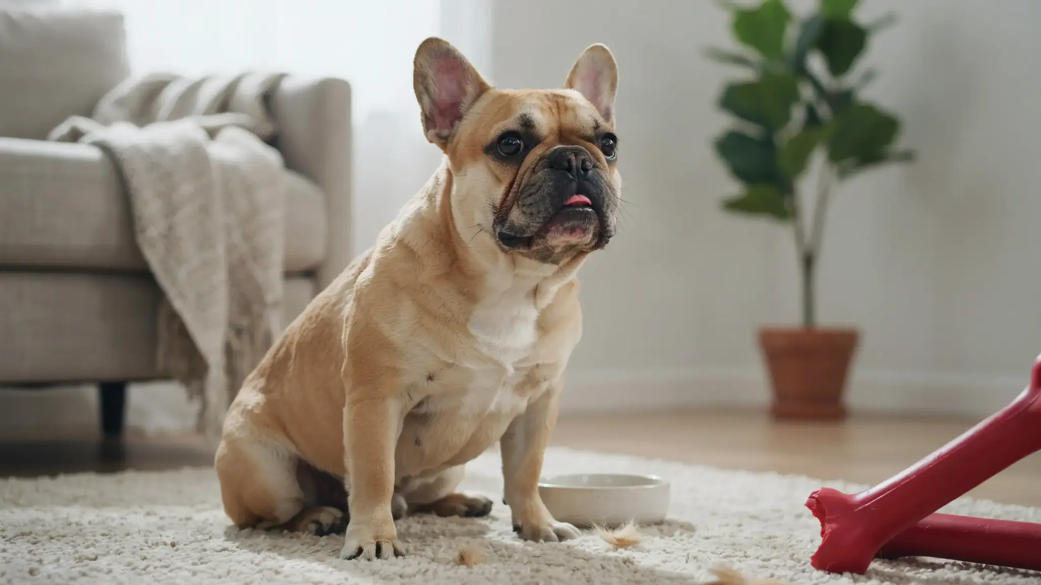 French Bulldog with bat-like ears sitting on a living room rug near its food bowl and a red toy