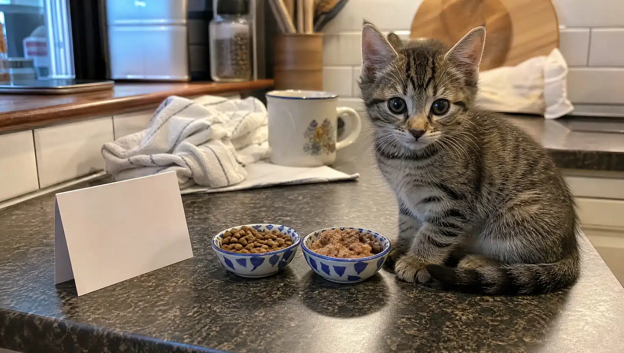 playful kitten beside food bowls and blank tags for funny boy cat names