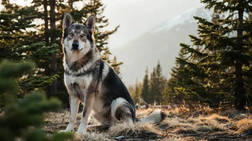 german shepherd husky mix dog with blue and brown eyes sitting outdoors in a mountain landscape