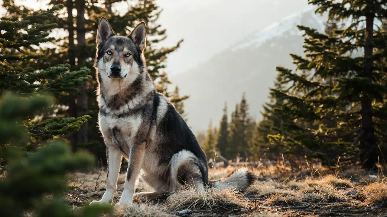 german shepherd husky mix dog with blue and brown eyes sitting outdoors in a mountain landscape