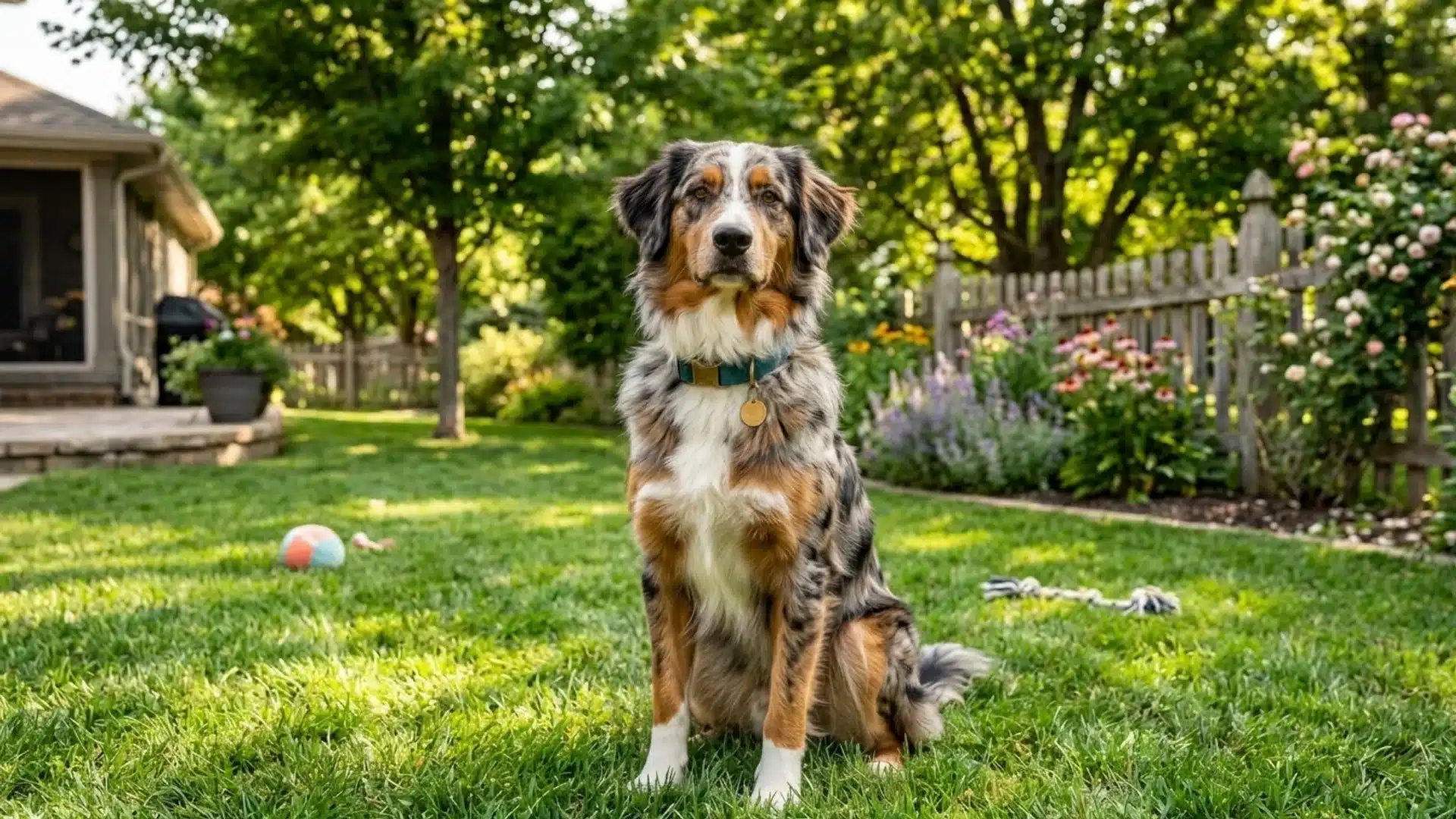 golden aussie mix sitting in a sunny backyard with a blue merle coat and white chest markings