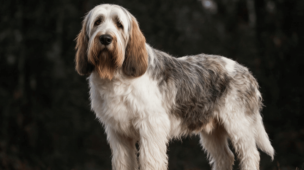 grand basset griffon vend&eacute;en standing with a shaggy white and gray coat