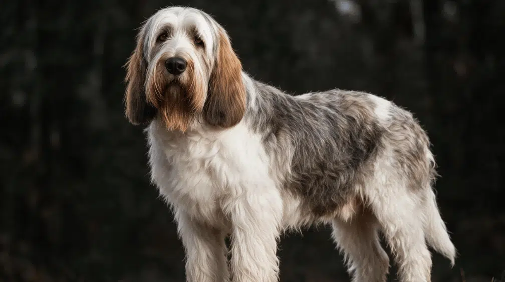 grand basset griffon vend&eacute;en standing with a shaggy white and gray coat