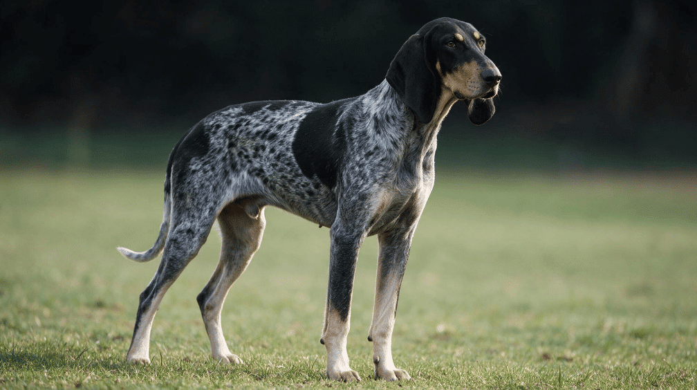 grand bleu de gascogne standing on grass with long ears and a mottled blue coat