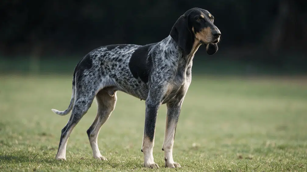 grand bleu de gascogne standing on grass with long ears and a mottled blue coat