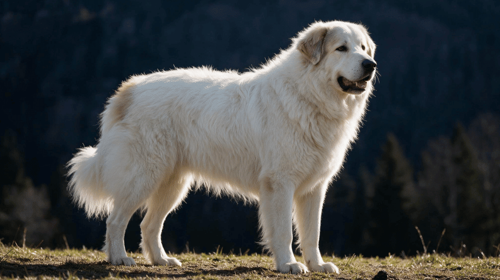 large great pyrenees standing outdoors with a thick white coat against a dark mountain background