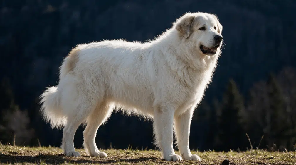 large great pyrenees standing outdoors with a thick white coat against a dark mountain background