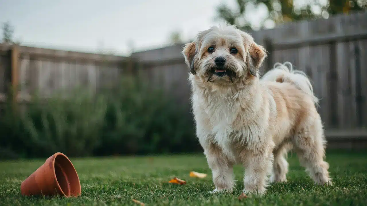adult havanese standing outdoors with a long soft wavy cream and white coat and plumed tail over its back