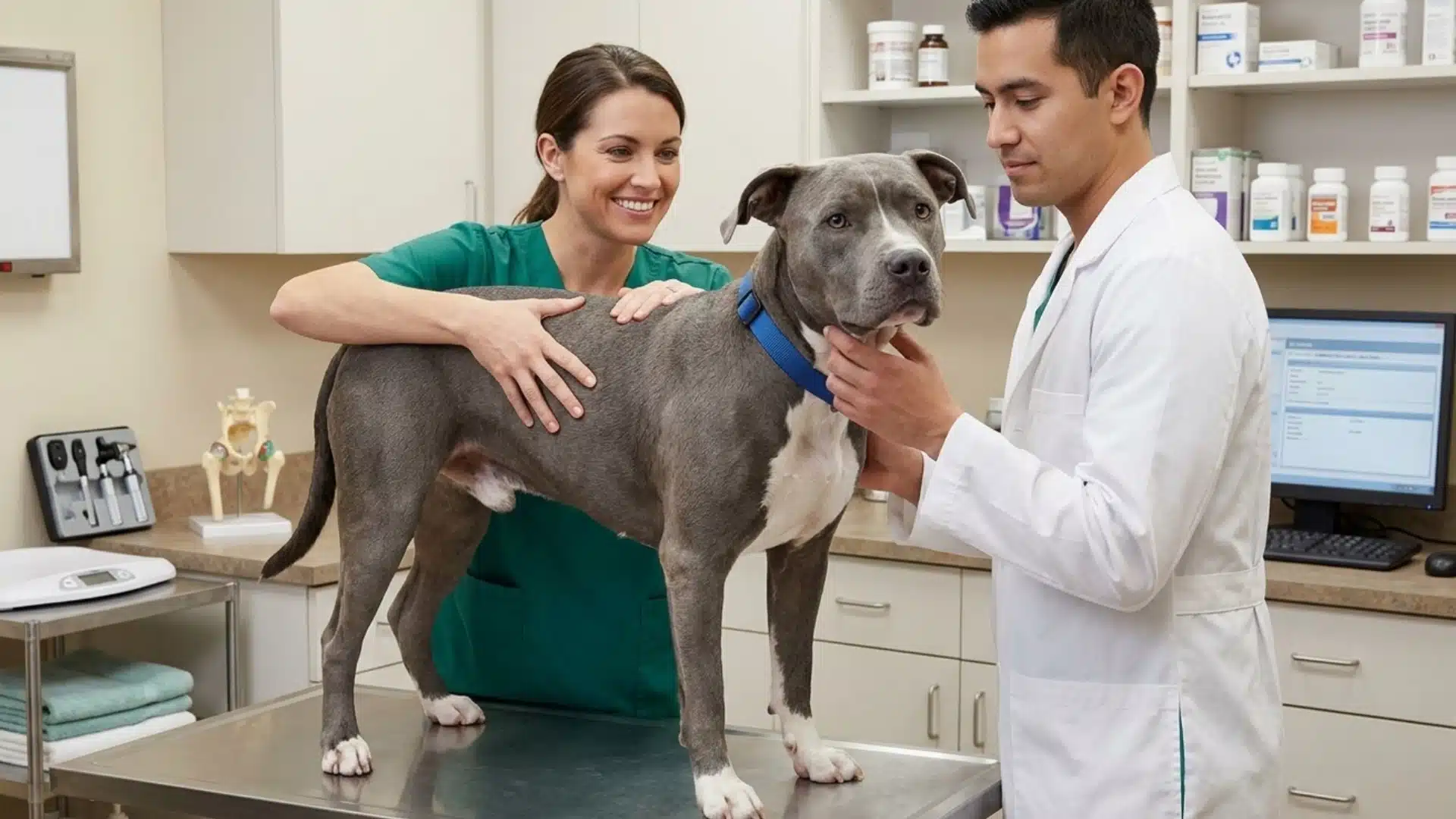 pit bull lab mix receiving a veterinary health checkup with a veterinarian in a modern clinic