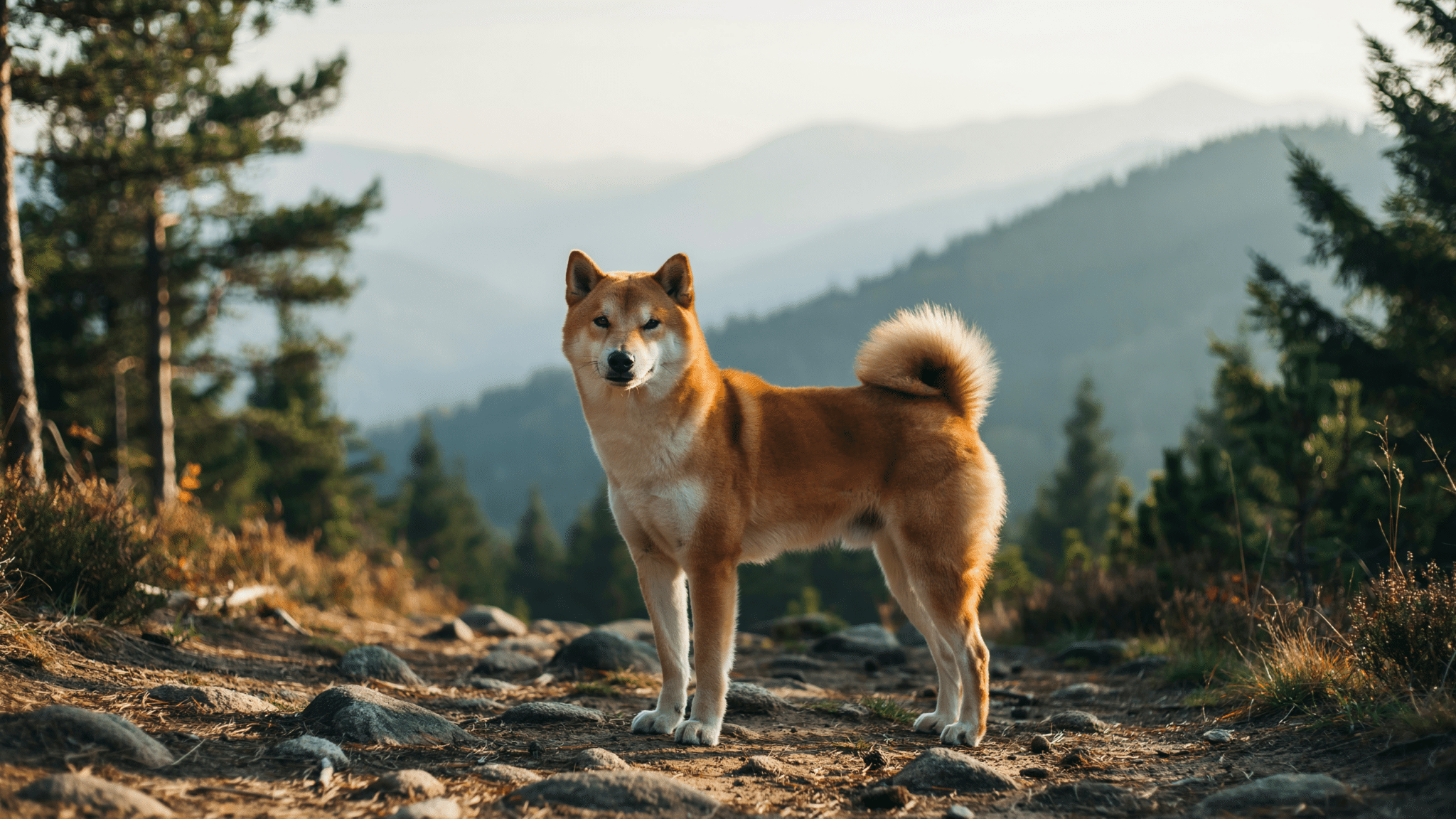 A Shiba Inu with curled tail stands alert on a rocky mountain trail, pine forest and hazy peaks fading into the distance.