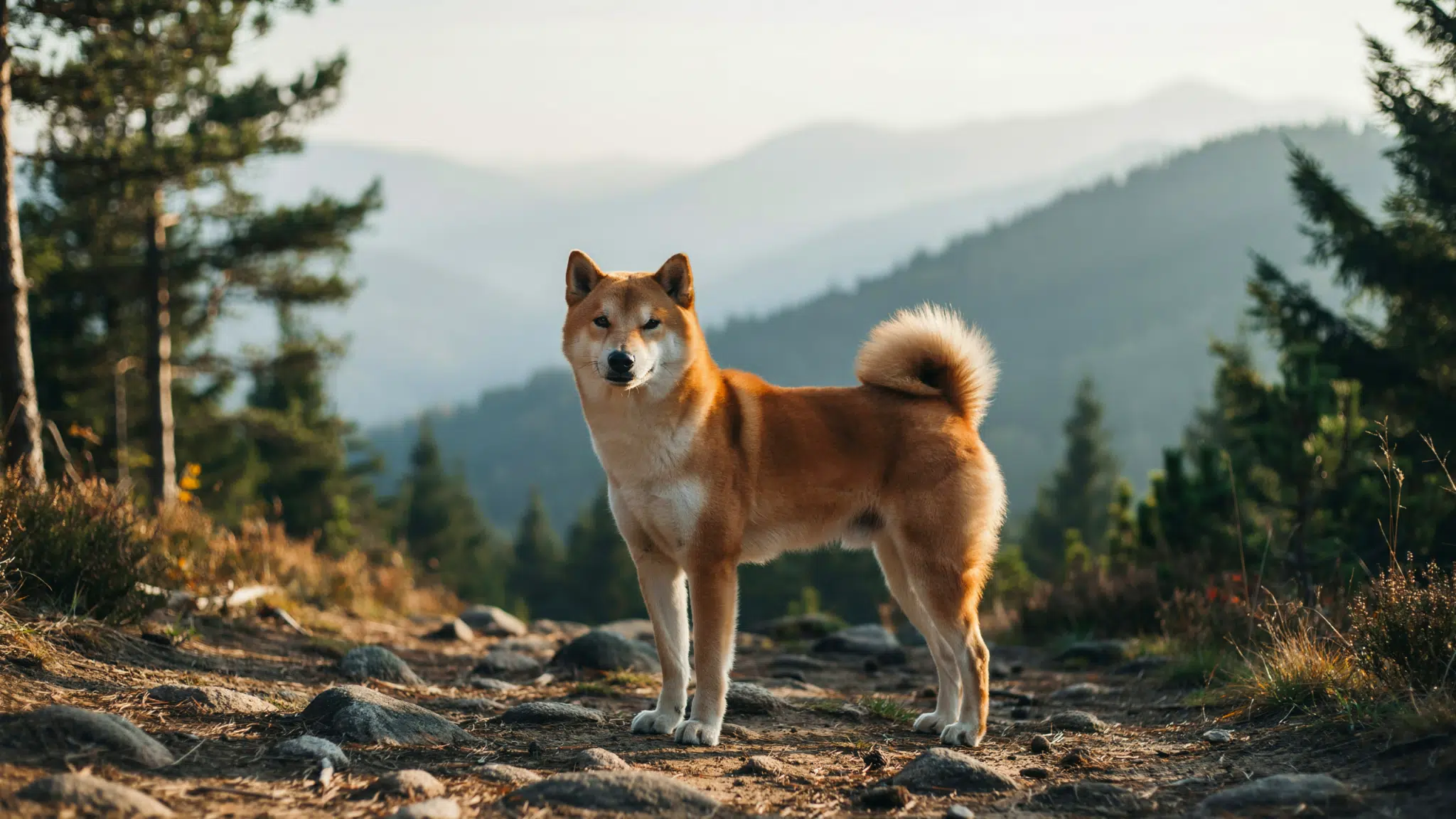 A Shiba Inu with curled tail stands alert on a rocky mountain trail, pine forest and hazy peaks fading into the distance.