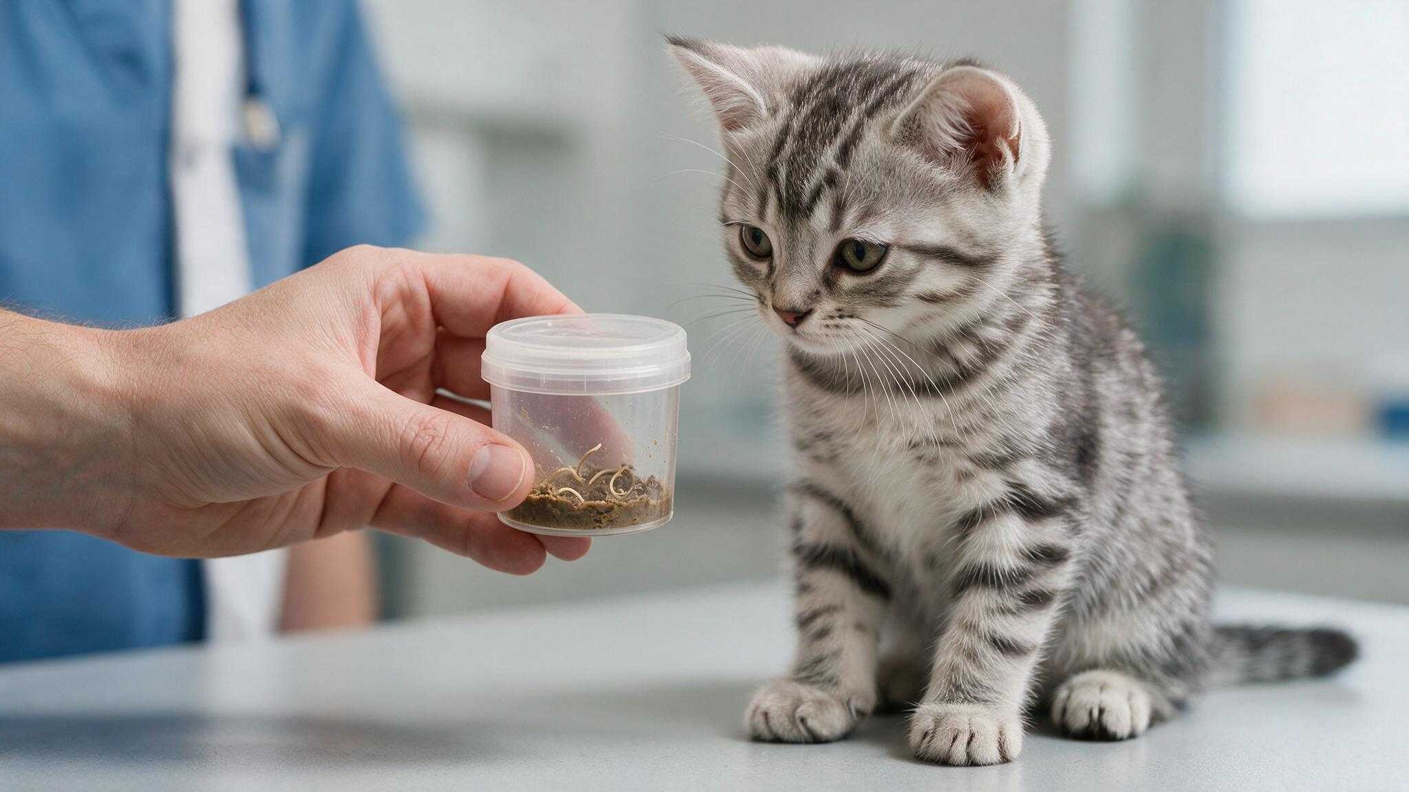 kitten beside veterinary sample container showing hookworms found in intestinal testing and parasite examination
